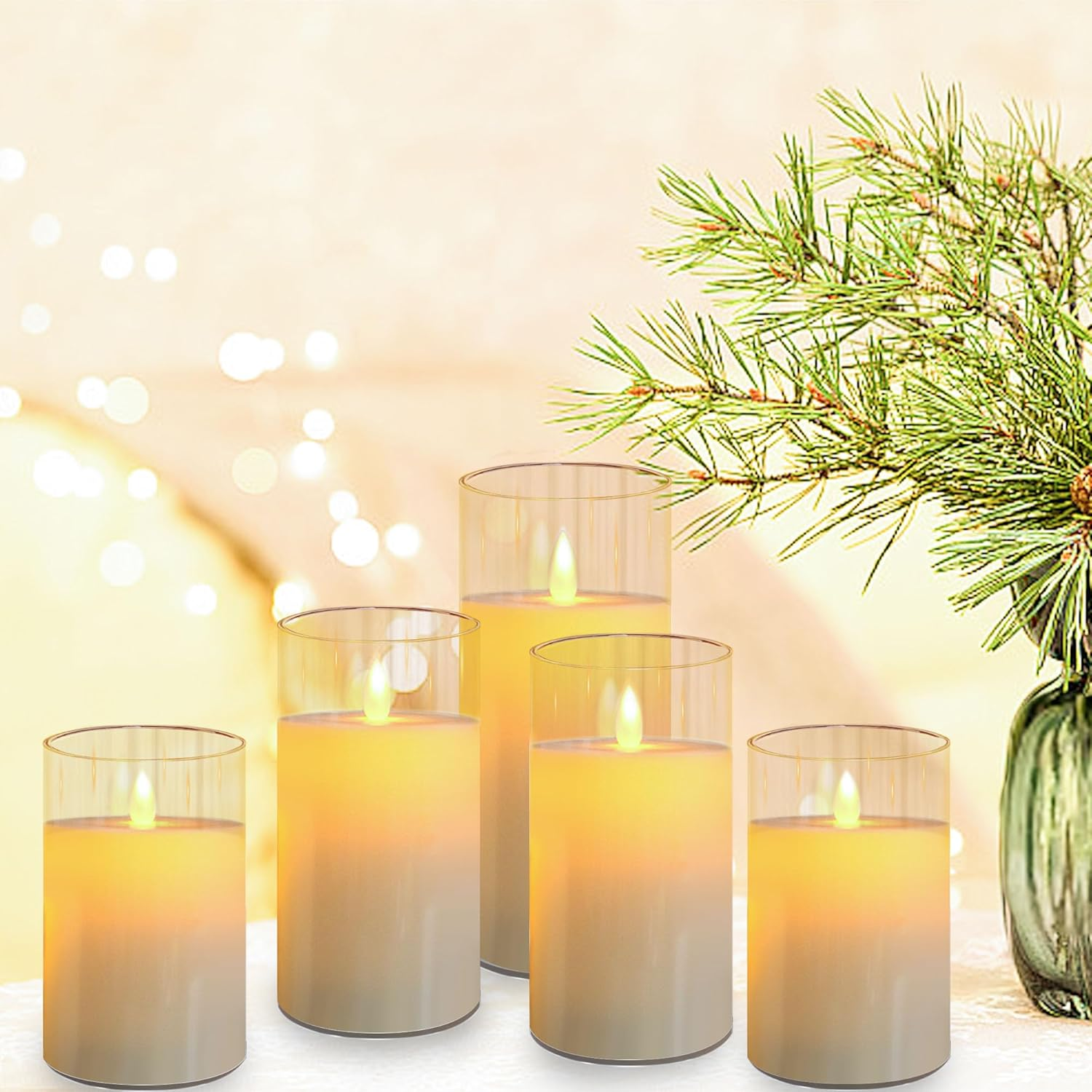 FRNYFREL Led Flameless Candles, Battery Operated Candles, Acrylic Flickering LED Pillar Candles with Remote Control and Timer, 3D Wick, D3" Xh4" 4" 5" 5" 6", Set of 5 image number 2