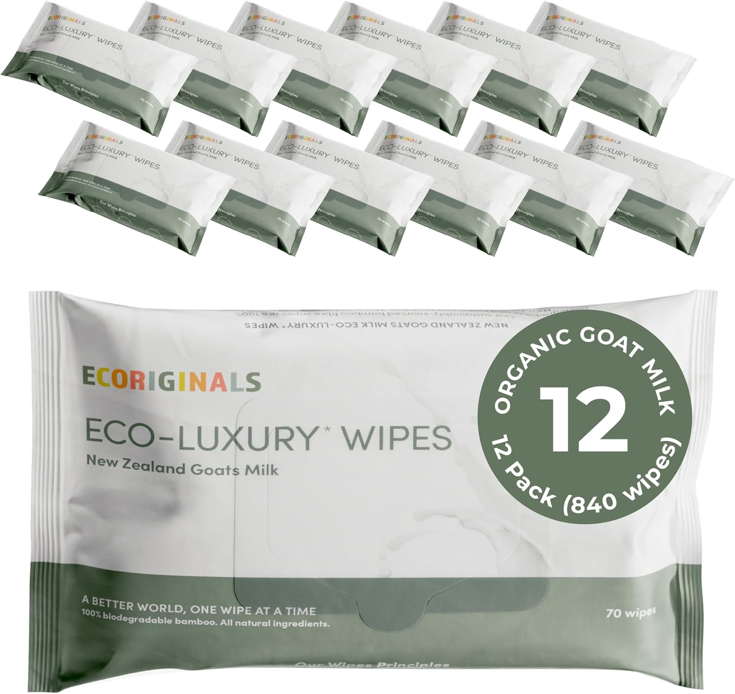 Ecoriginals - 12 Pack of Wet Wipes - Biodegradable Baby Wipes with New Zealand Goat Milk, Amino Acid & Aloe Vera Extract - Sensitive Baby Wipes - Baby Essentials for Babies, 12 Pack (840 Wipes) image number 3