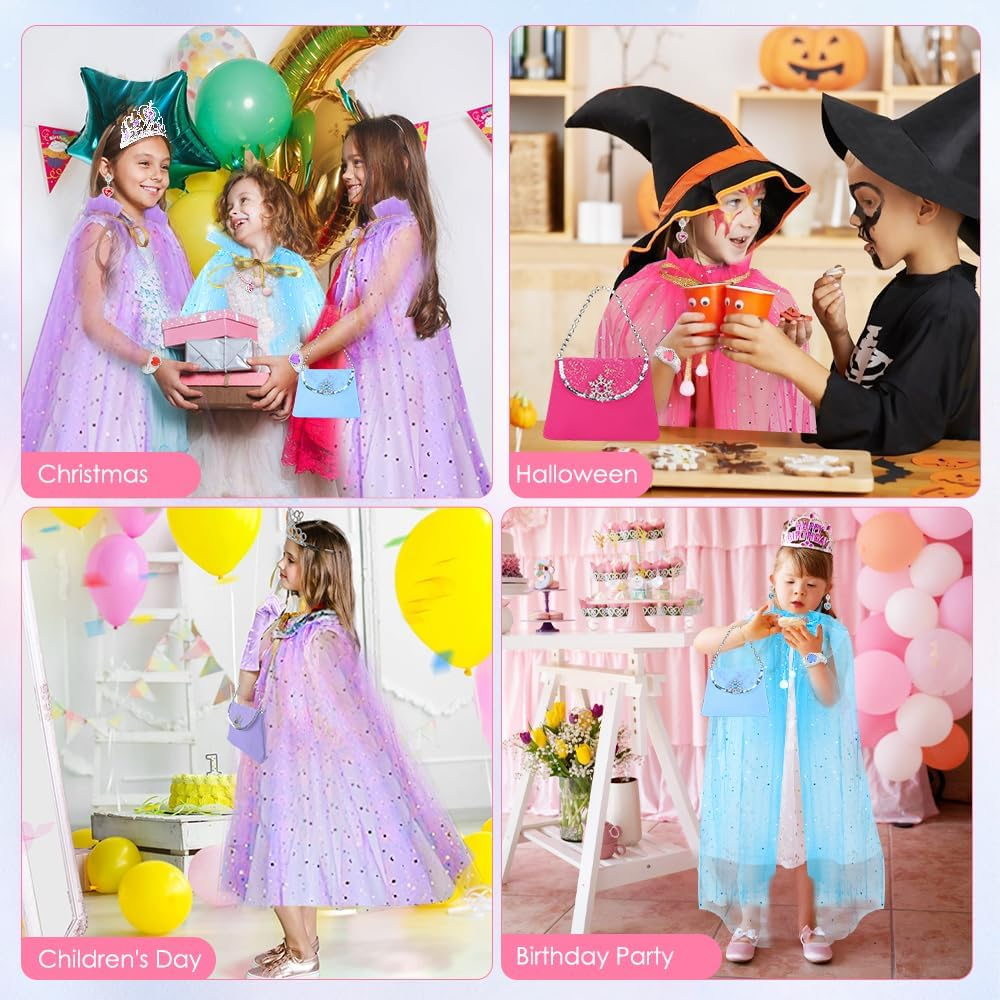 Slowton Princess Cape Set - 11 Pieces Princess Cloak with Handbag Tiara Crown Wand Gloves Jewelry - Princess Dress up Costume for Halloween Cosplay Christmas Birthday Party, Aged 3-8