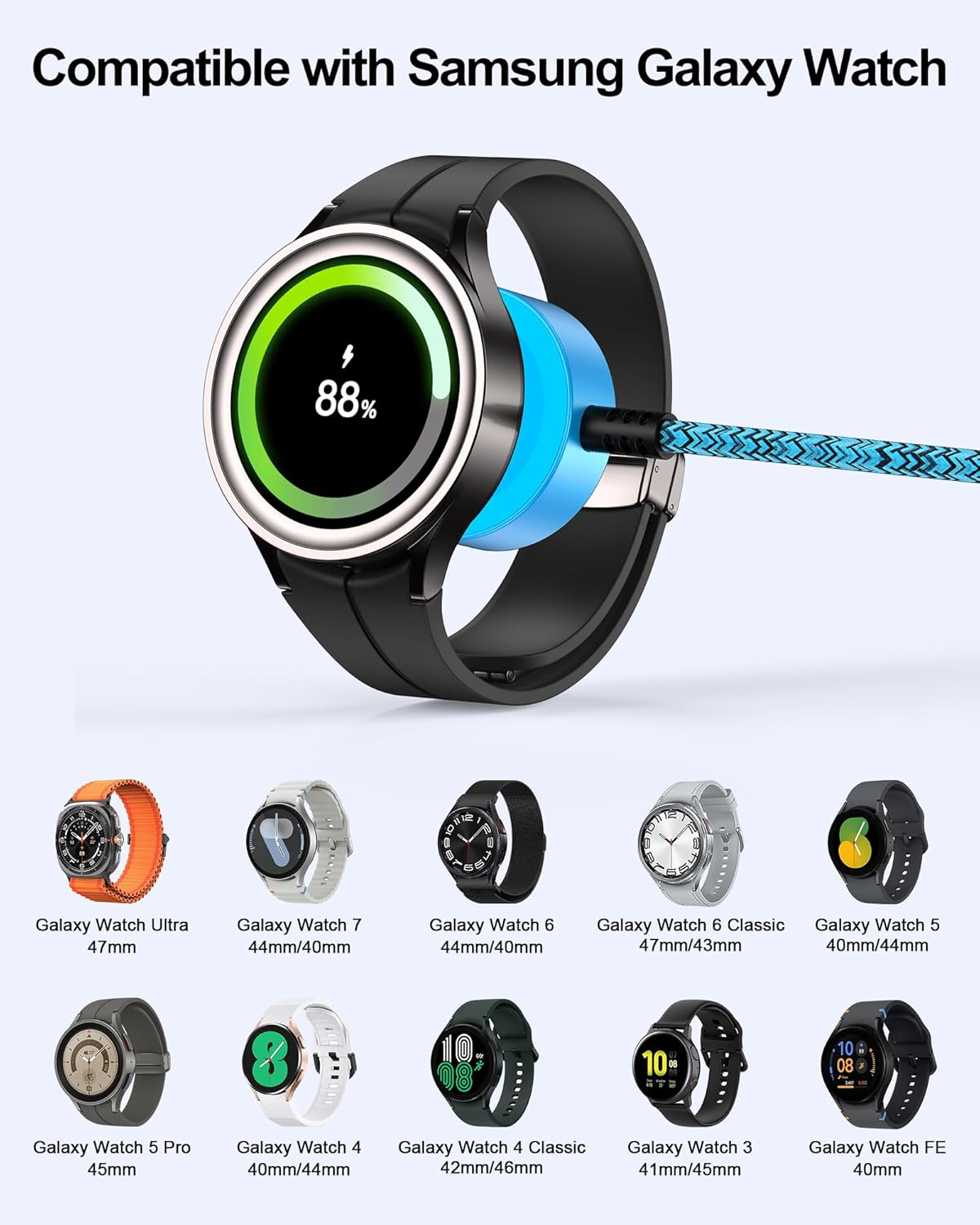 For Galaxy Watch 8 Smart Watch Charger Compatible with Galaxy Watch 7/ Ultra/ 6 Classic/ 5 Pro/Fe, Nylon Braided Magnetic Charging Dock with USB-C Charging Cable for Samsung Galaxy (Blue) image number 4