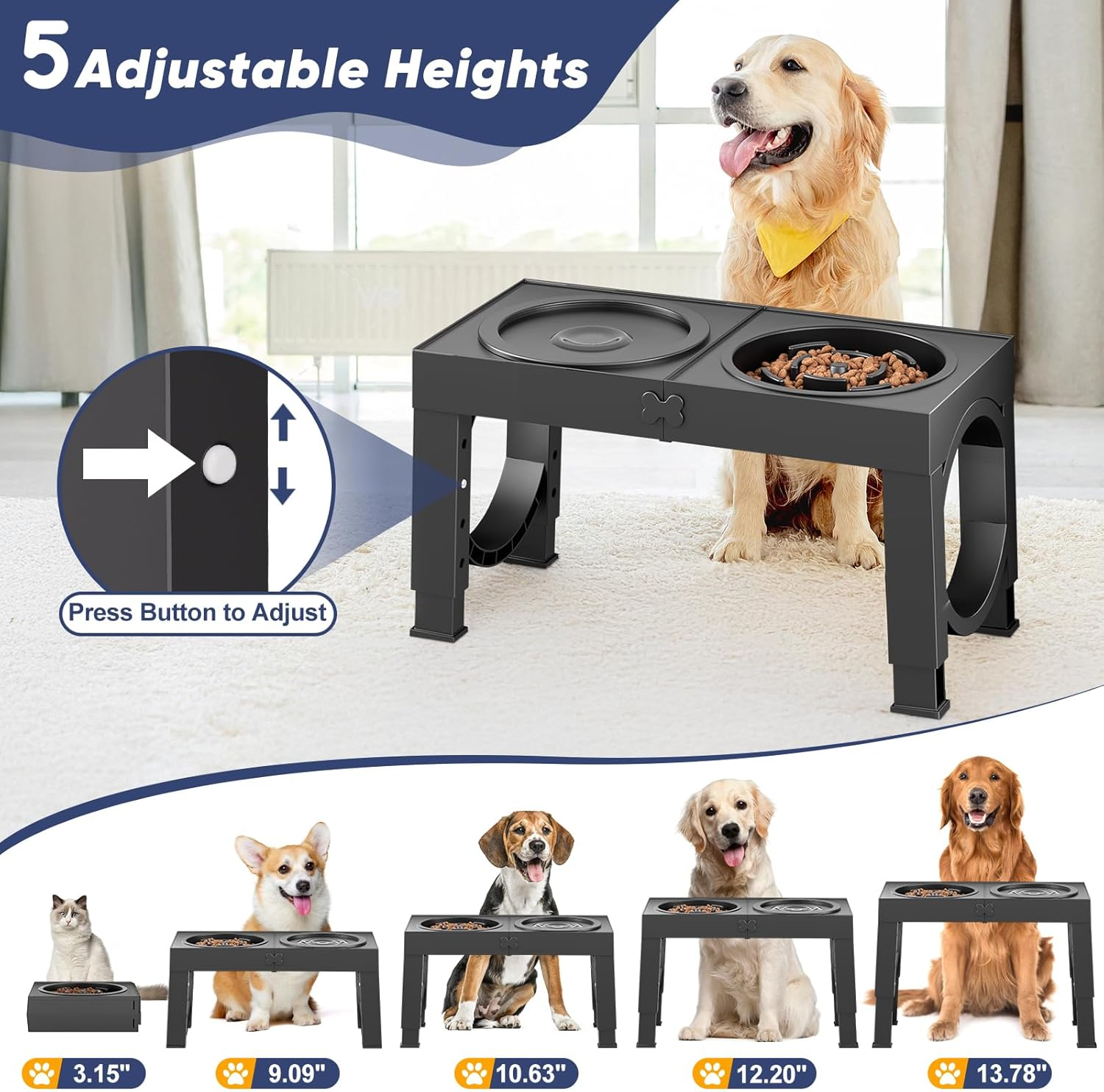 Slow Feeder Dog Bowl Stand - Elevated Dog Food and Water Bowl Set for Large Medium Sized, 4 Heights Adjustable, Non-Slip, Durable, Prevents Bloating & Improves Digestion Black image number 2