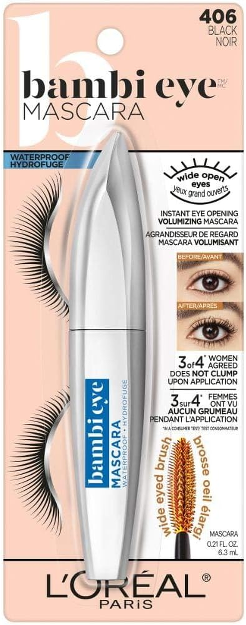 L'Oreal Paris Bambi Eye Mascara, Lasting Volume, Length & Lift, Doe-Eye Definition, No Clumping or Smudging, Waterproof, Black, 0.21 Fl. Oz. image number 1