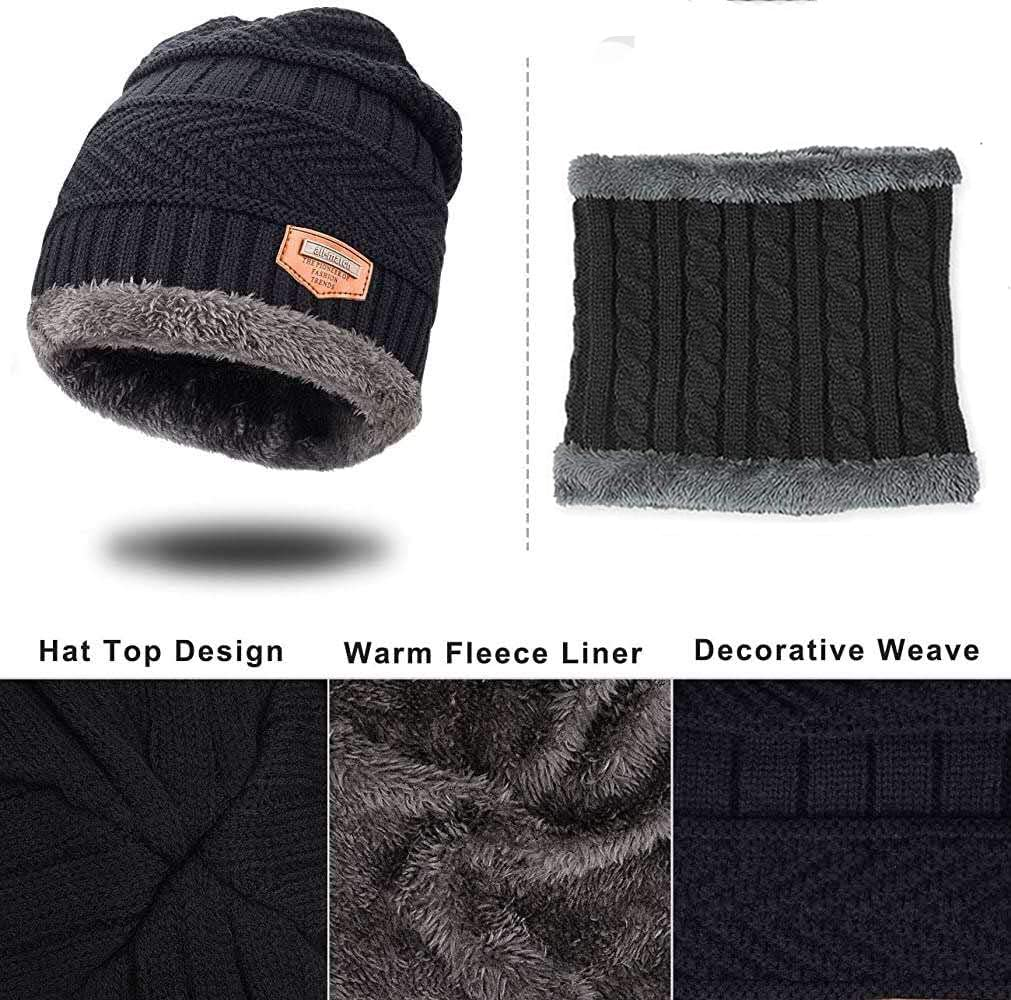 Aufondof 3 Pack Winter Knit Beanie Scarf Gloves Set for Men Thick Warm Sets Knitted Scarf Beanie Hat Touchscreen Gloves Neck Warmer with Fleece Lining image number 2