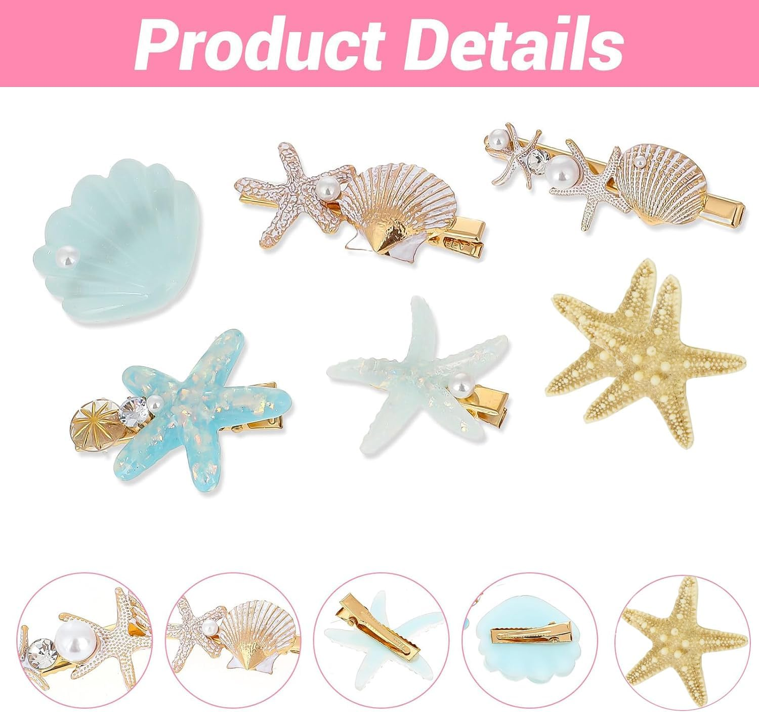 Valentine'S Day Gift Mermaid Hair Clip Set 7-Piece - Shell, Pearl & Starfish Clips Alligator Hair Clips for Women & Girls, Princess Beach Hair Accessories, Christmas Party Favours, Waterproof Resin Hairpins image number 4