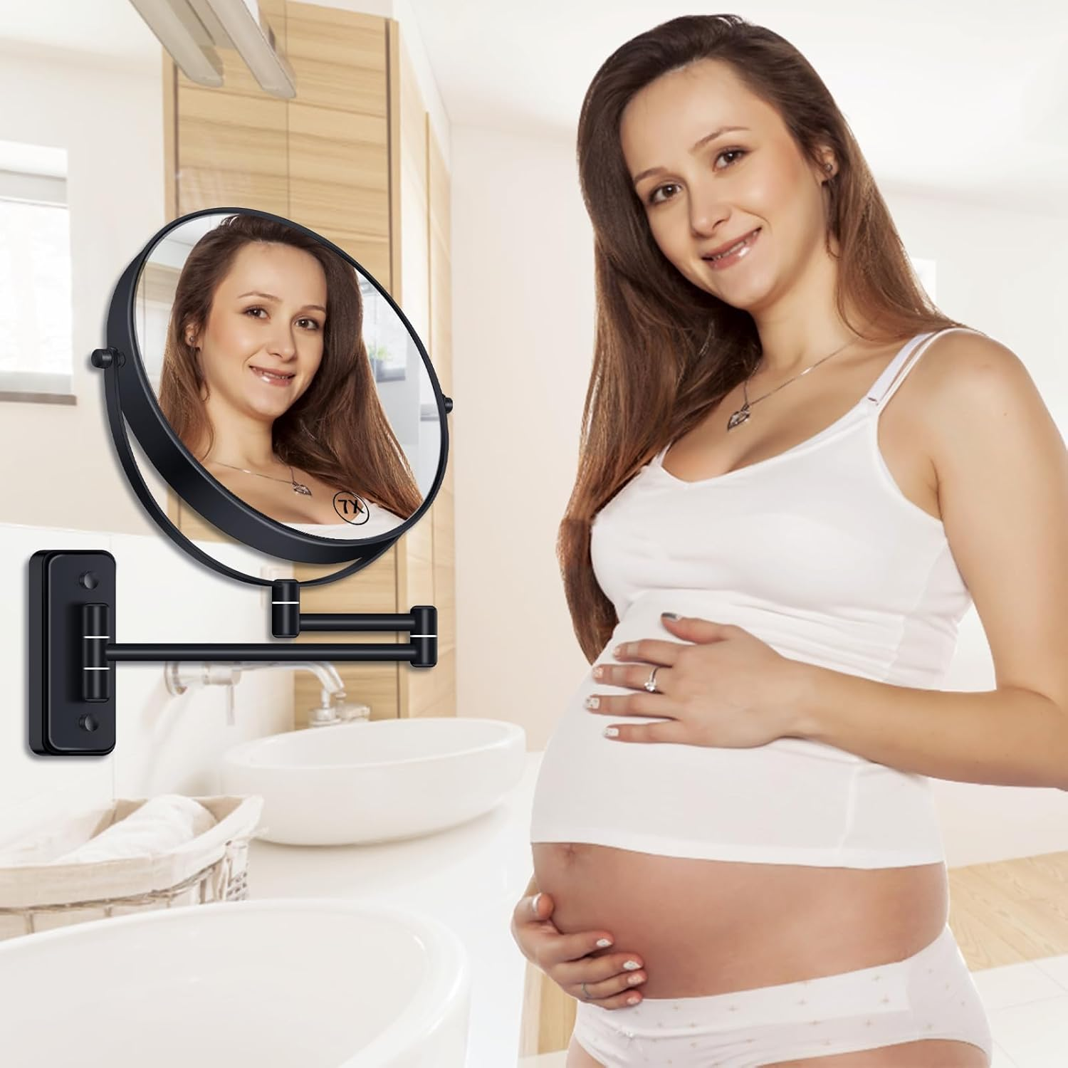 Btremary 8&rdquo; Wall Mounted Magnifying Makeup Mirror 1X/7X Wall Mount Mirror Swing Arm Two-Sided 360&deg; Swivel Bathroom Shaving Mirror for Men and Women in Hotel/Home, Black image number 1