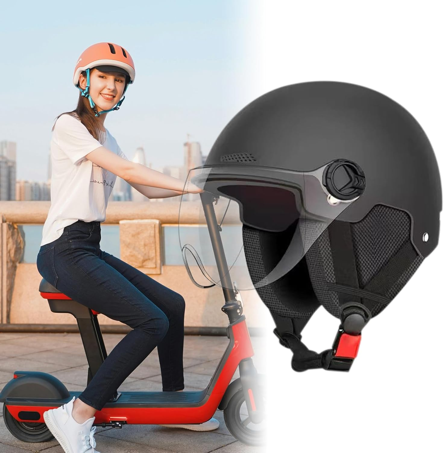 Adult Electric Scooter Helmet with Ear Protection for Men and Women, Bicycle Helmet with Visor, Lightweight Electric Bikes Helmets for Scooter, Skateboard, Motorcycles image number 3