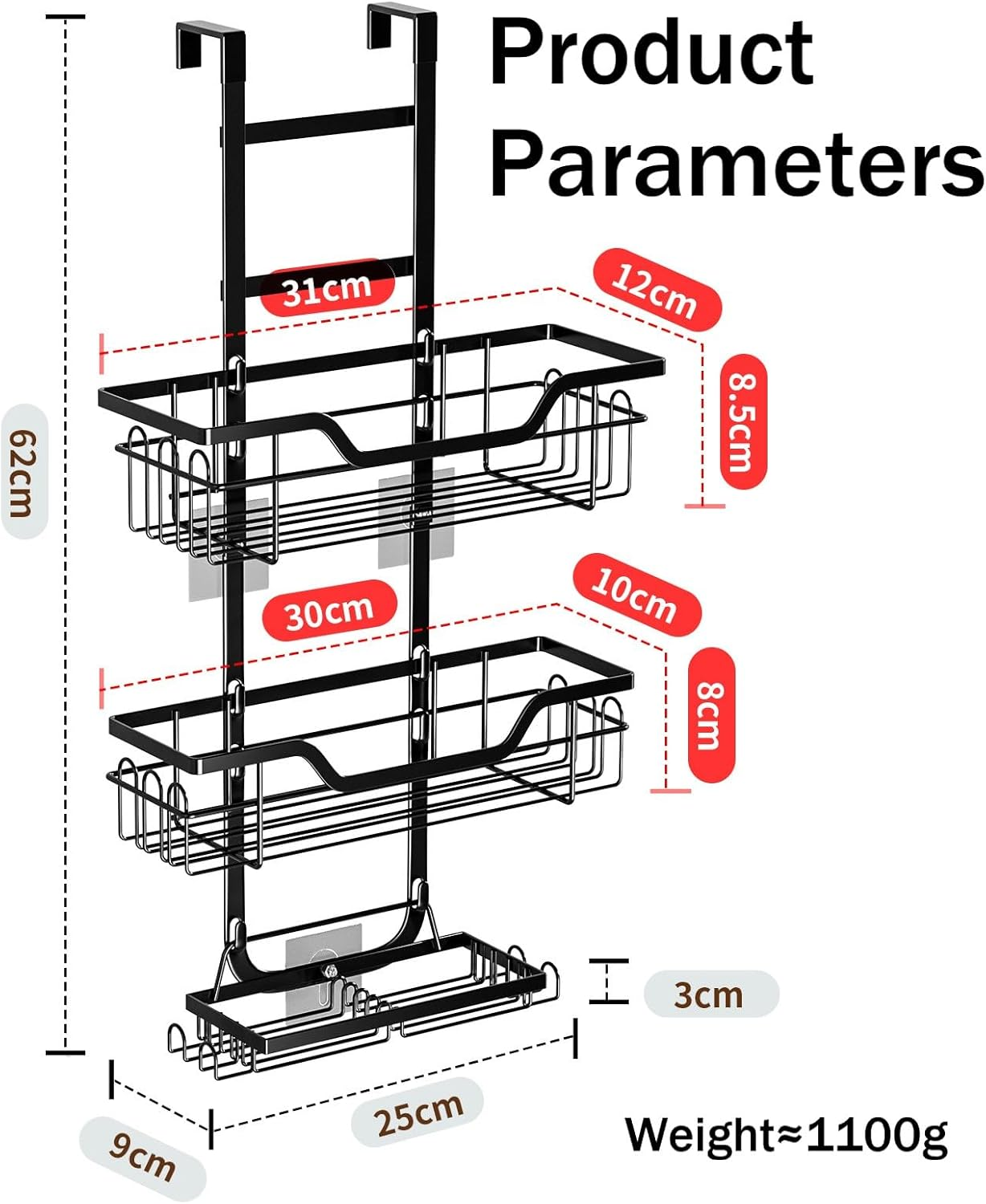 POPULUSL over the Door Shower Caddy, 3 Tier No Drilling Shower Storage with Hooks for Razor and Sponge, Rustproof Bathroom Shower Storage Rack Basket, Easy to Install image number 2