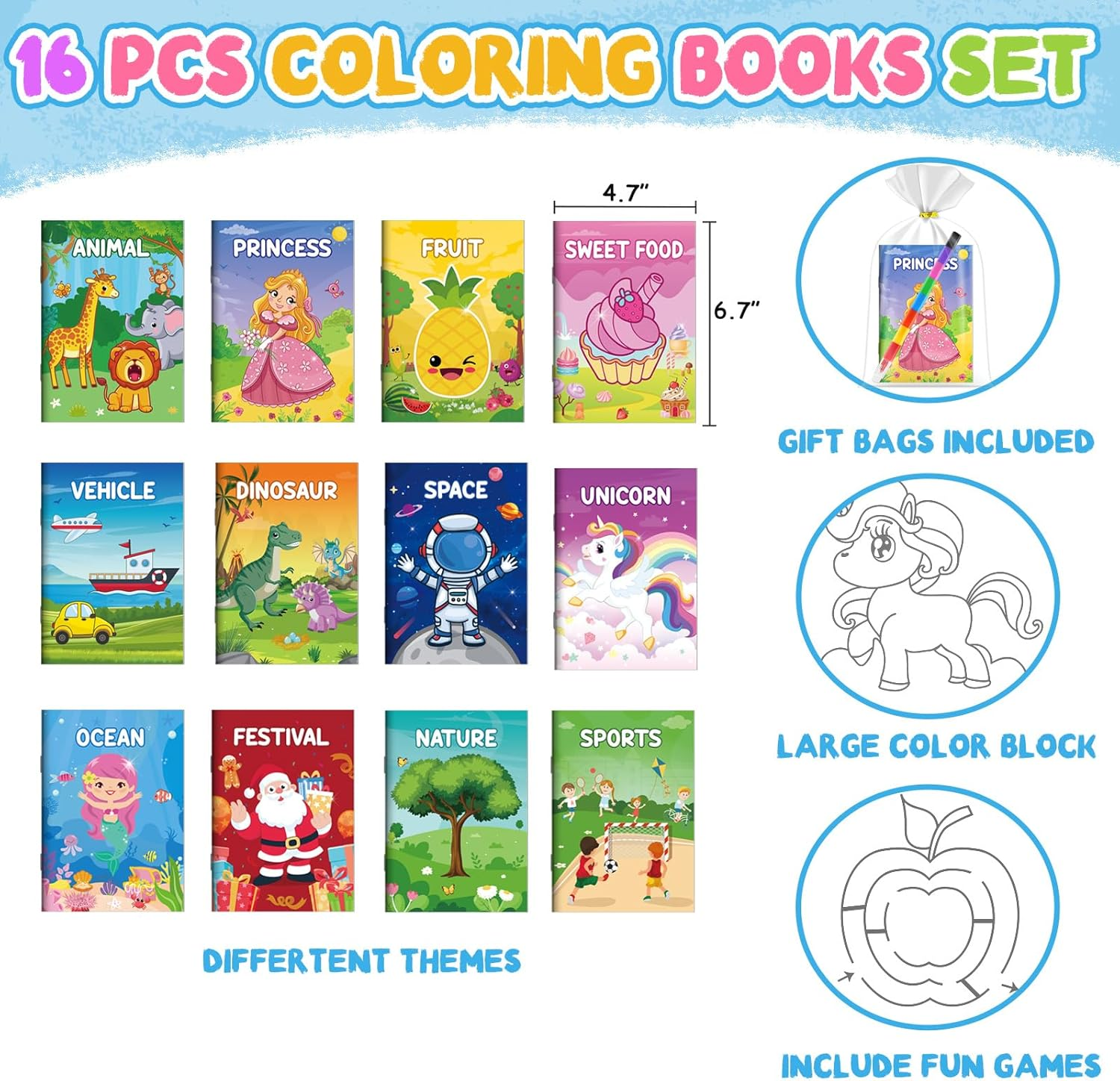 ZMLM 16 Coloring Books for Kids Party Favors: Bulk 16 Crayons Mini Coloring Books for Kids Ages 4-8 Birthday Goodie Bags Stuffers Toddlers Return Gifts Classroom Prizes Teacher Crafts (Classic) image number 2