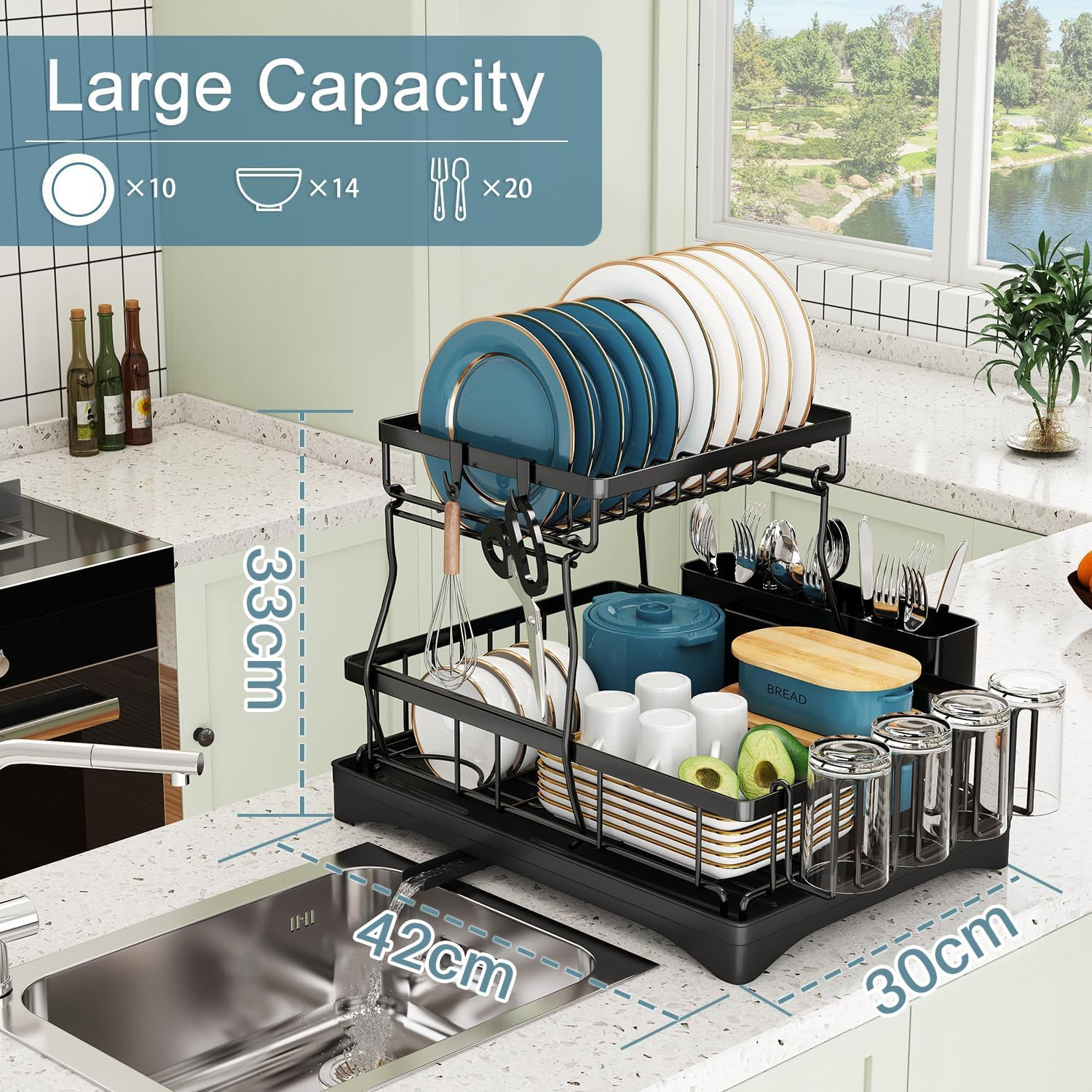 Koreal Dish Drying Rack, 2 Tier Dish Racks for Kitchen Counter, Large Stainless Steel Kitchen Dish Drying Rack with Drainboard, Detachable Dish Drainers with Utensil Holders image number 2