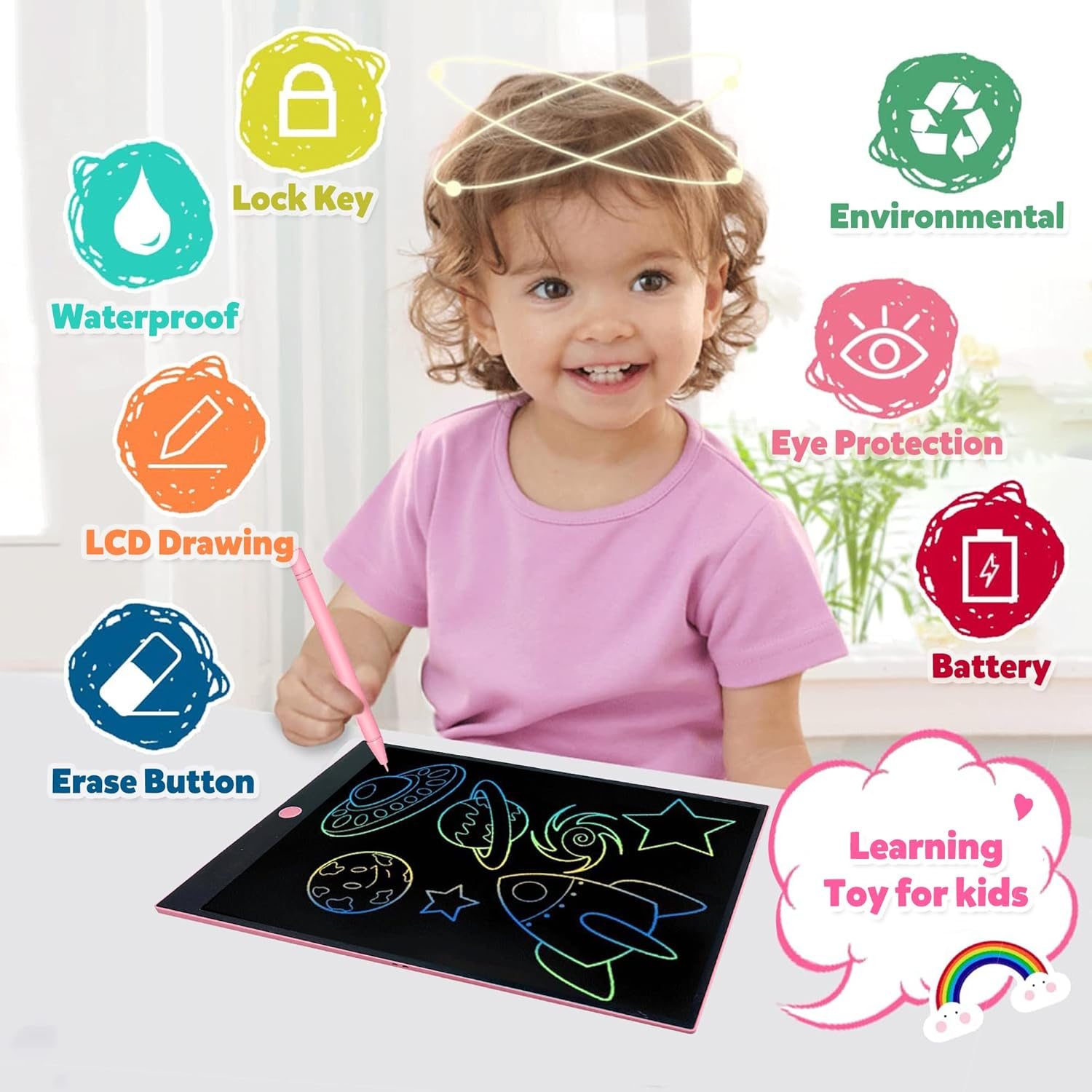 14 Inch LCD Writing Tablet for Kids, Toys for Girl, Drawing Pad. Doodle Board with Erase, Lock Function & Colorful Screen. Digital Notepad for Toddlers. Learning Girls Gifts for 3 + Year Old - Pink image number 4