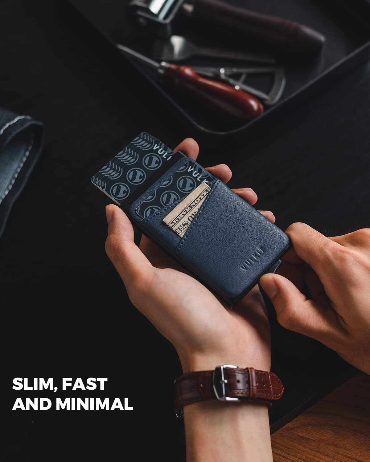 VULKIT Credit Card Holder Pop up Wallet with Extra Leather Slots RFID Blocking Slim Metal Card Case for Men or Women(Blue) image number 1