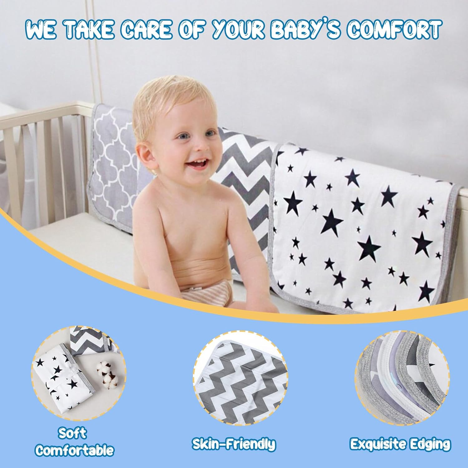 Viiotu Baby Diaper Changing Pads (2 Pack),Large Soft Cotton Foldable Waterproof Changing Pad Mat,Cartoon Travel Reusable Change Mat for Toddler Infants Newborn Boys Girls (2, Black Star,Gray Waves) image number 5