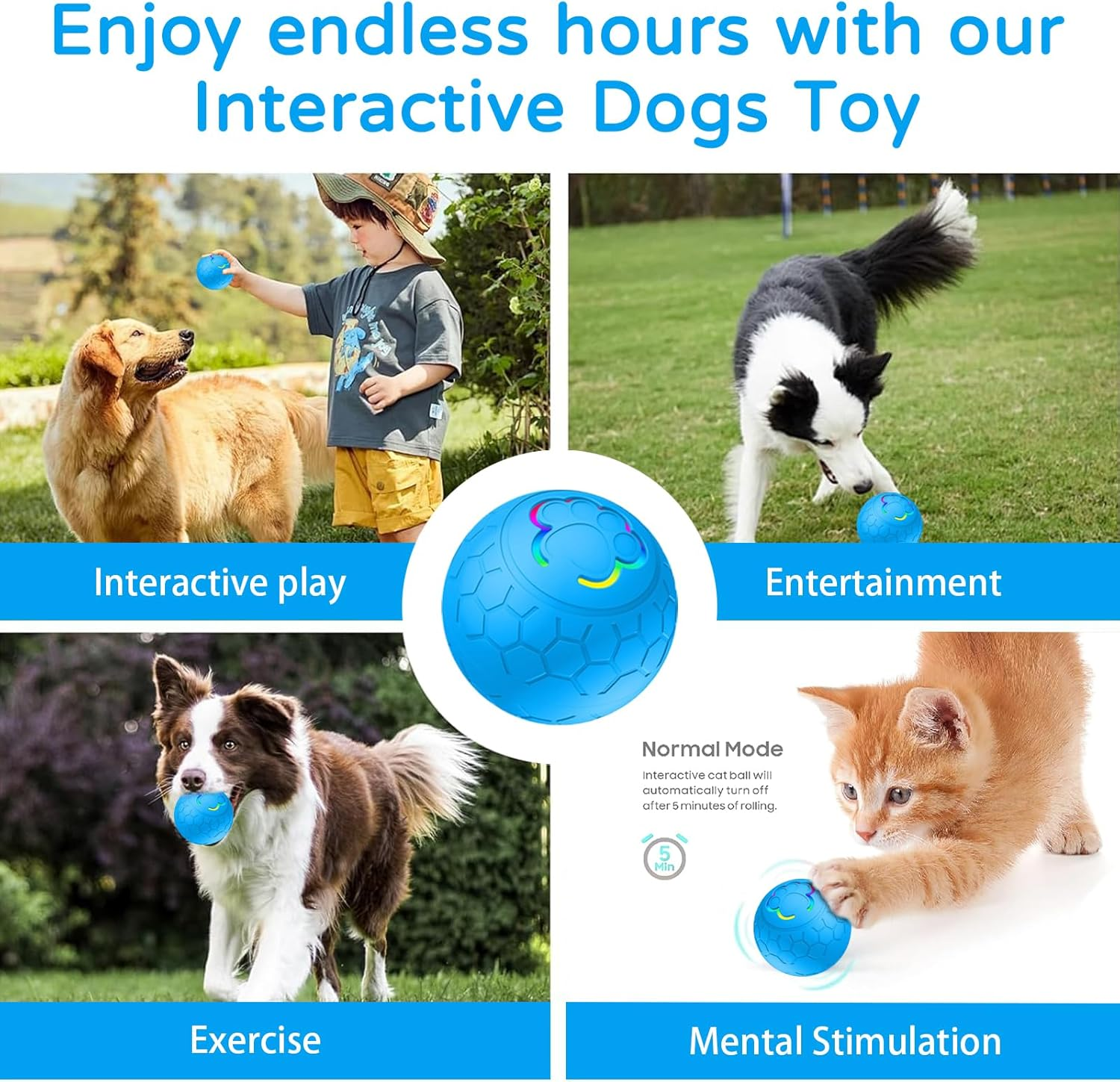 Interactive Dog Toys Cat Dog Ball, Upgraded Durable Motion Activated Automatic Rolling Ball Toys for Mini/Small/Medium/Large Cats and Dogs, USB Rechargeable (Blue) image number 4