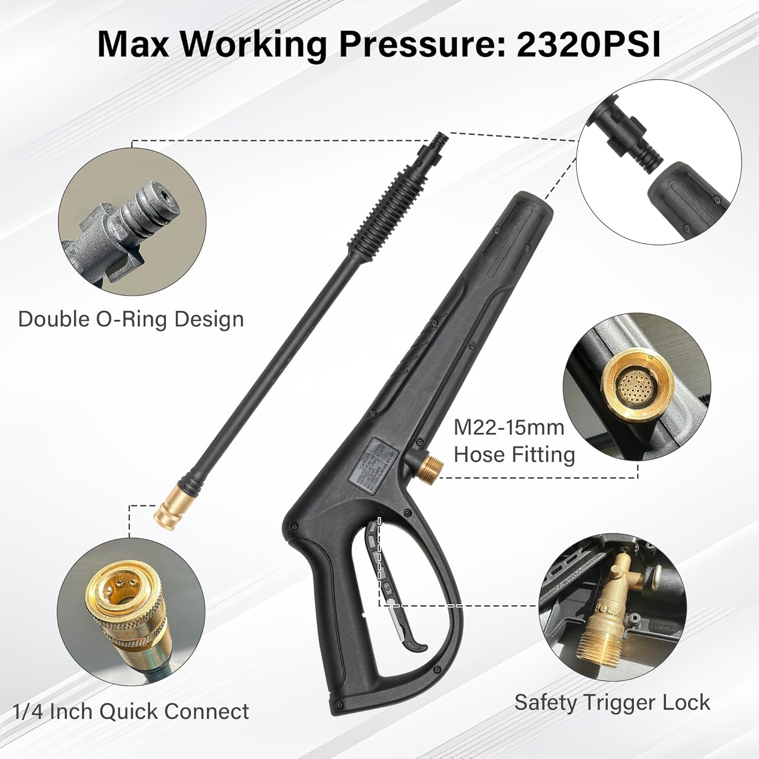 FGD Pressure Washer Gun Replacement Power Spray Car Wash Gun with Extension Wand M22-15Mm Thread Fitting 5 Nozzle Tips, 2320PSI 6.6GPM Compatible with Most Brand Power Washer image number 3
