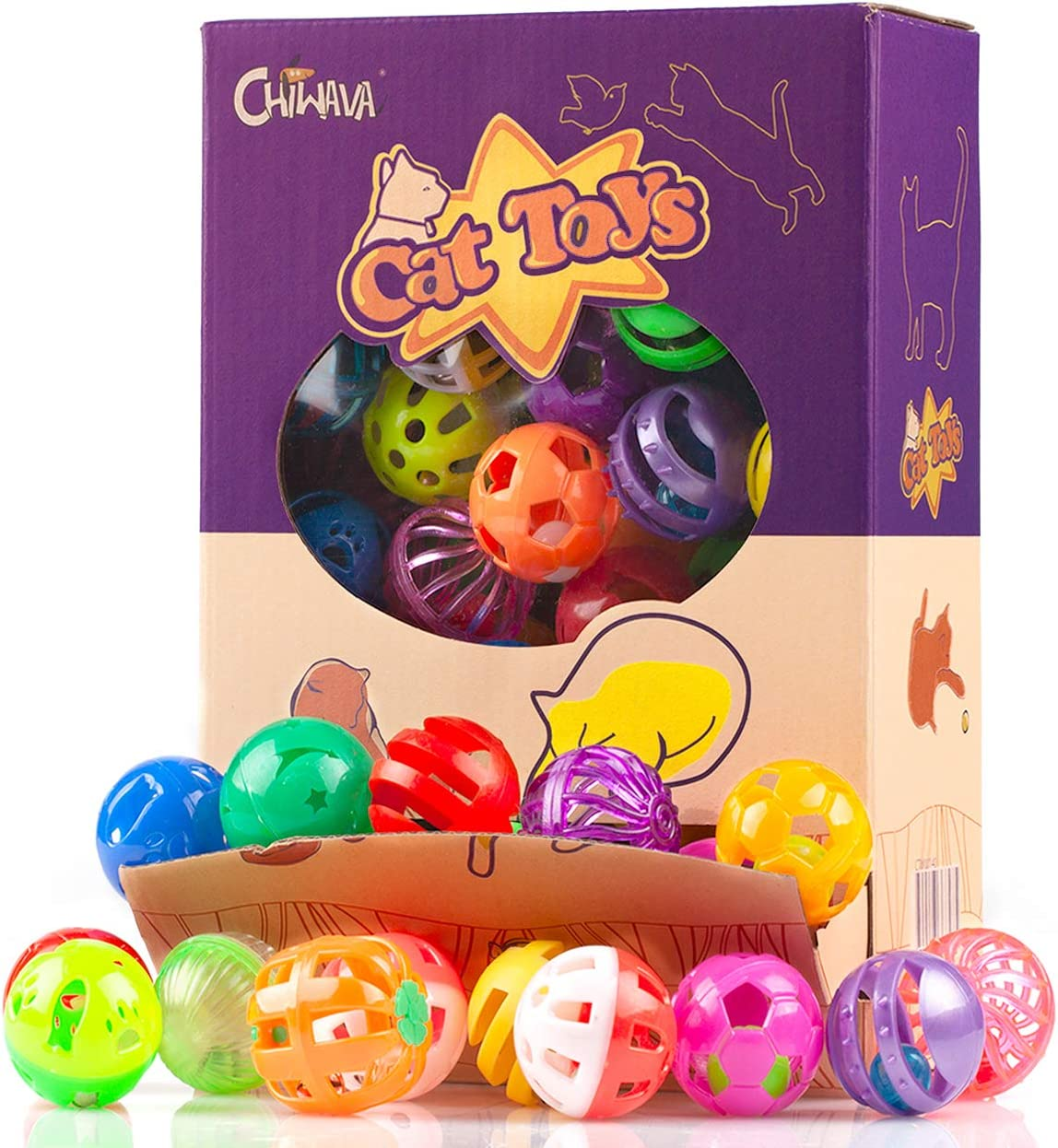 Chiwava 48 Pack Plastic Noisy Cat Toy Balls with Bell Kitten Chase Toy 8 Types Assorted Color Size