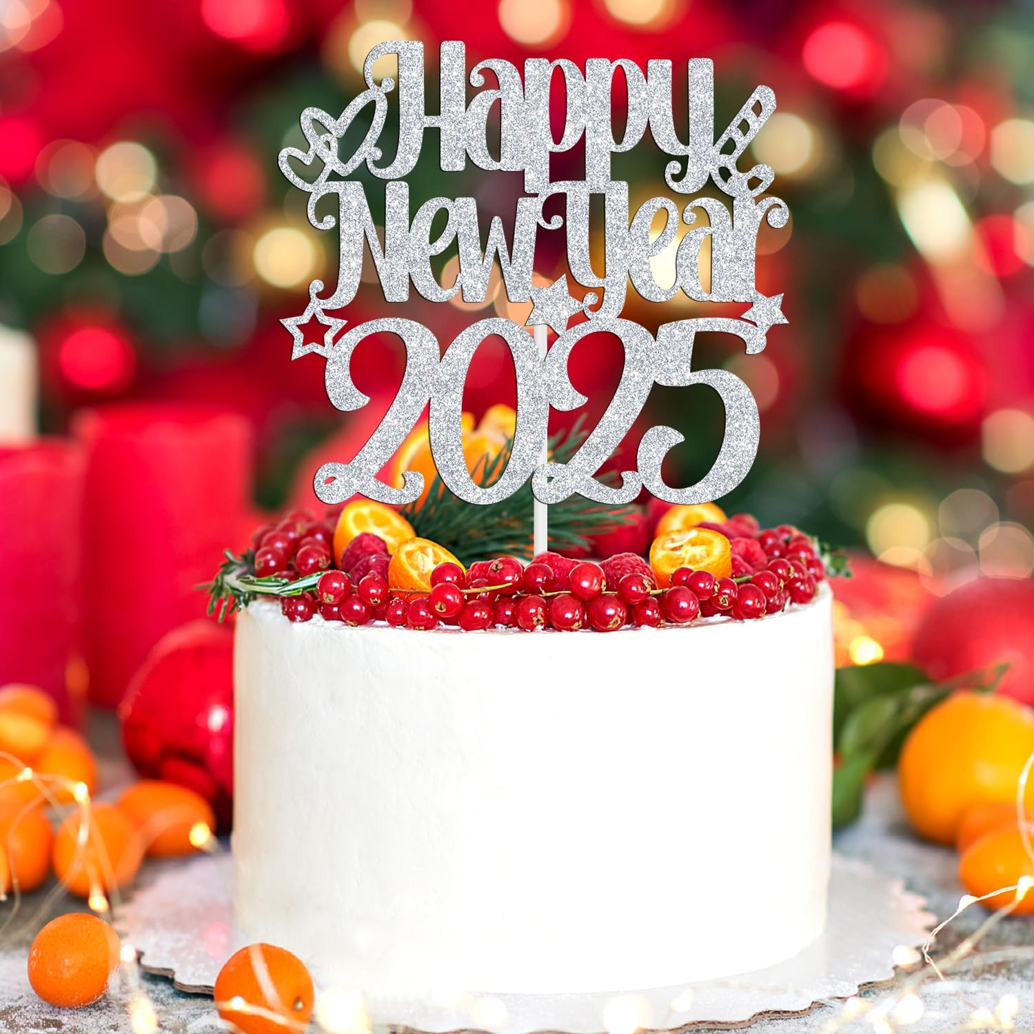 Happy New Year 2025 Cake Topper, Happy Holiday/Merry Christmas Cake Decor, New Year'S Eve Festival Party Decoration Suppllies, Silver Glitter image number 6