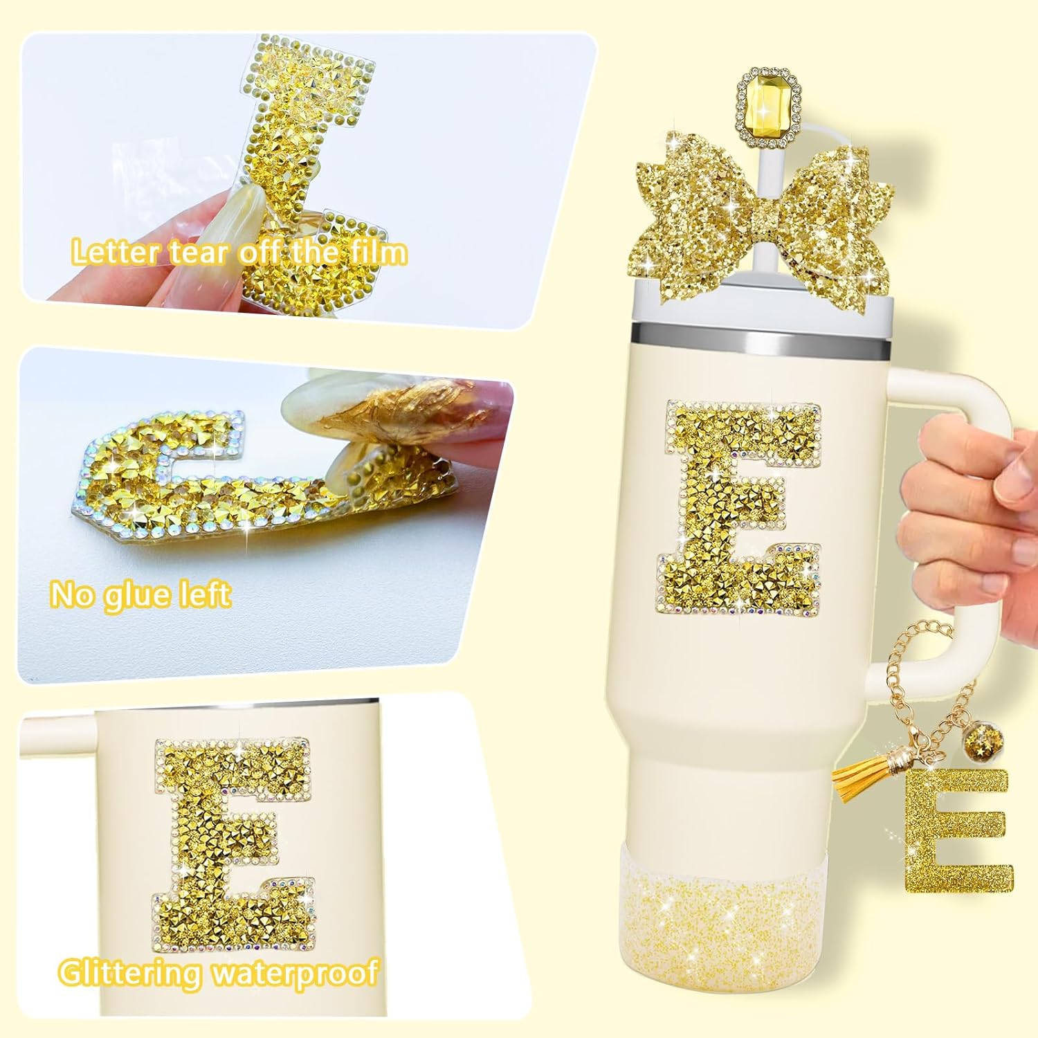 7PCS Bling Stanley Cup Accessories for 30Oz & 40Oz Tumbler with Handle,Including Initials Charms,Straw Bow Decorate,Straw Topper Cover,Boot,Spill Proof Stoppers,Initials Sticker (Gold E)