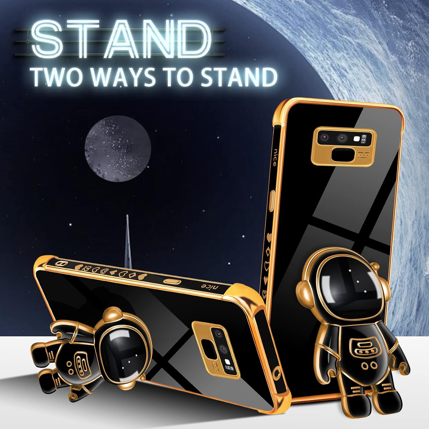 Lotadilo for Samsung Galaxy Note 9 Case, Galaxy Note 9 Cases with Astronaut Stand for Women Girls, Girly Cute Spaceman Love Heart Gold Plating 6D Phone Cover with Kickstand for Note 9 6.4 Inch (Black)