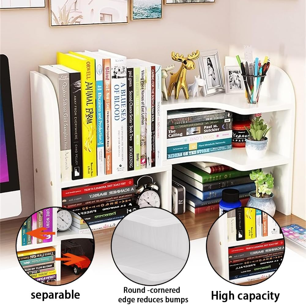 Wood Desktop Bookshelf Adjustable Desk Storage Rack Display Shelf Desk Storage Organizer Display Shelf for Home Office image number 5