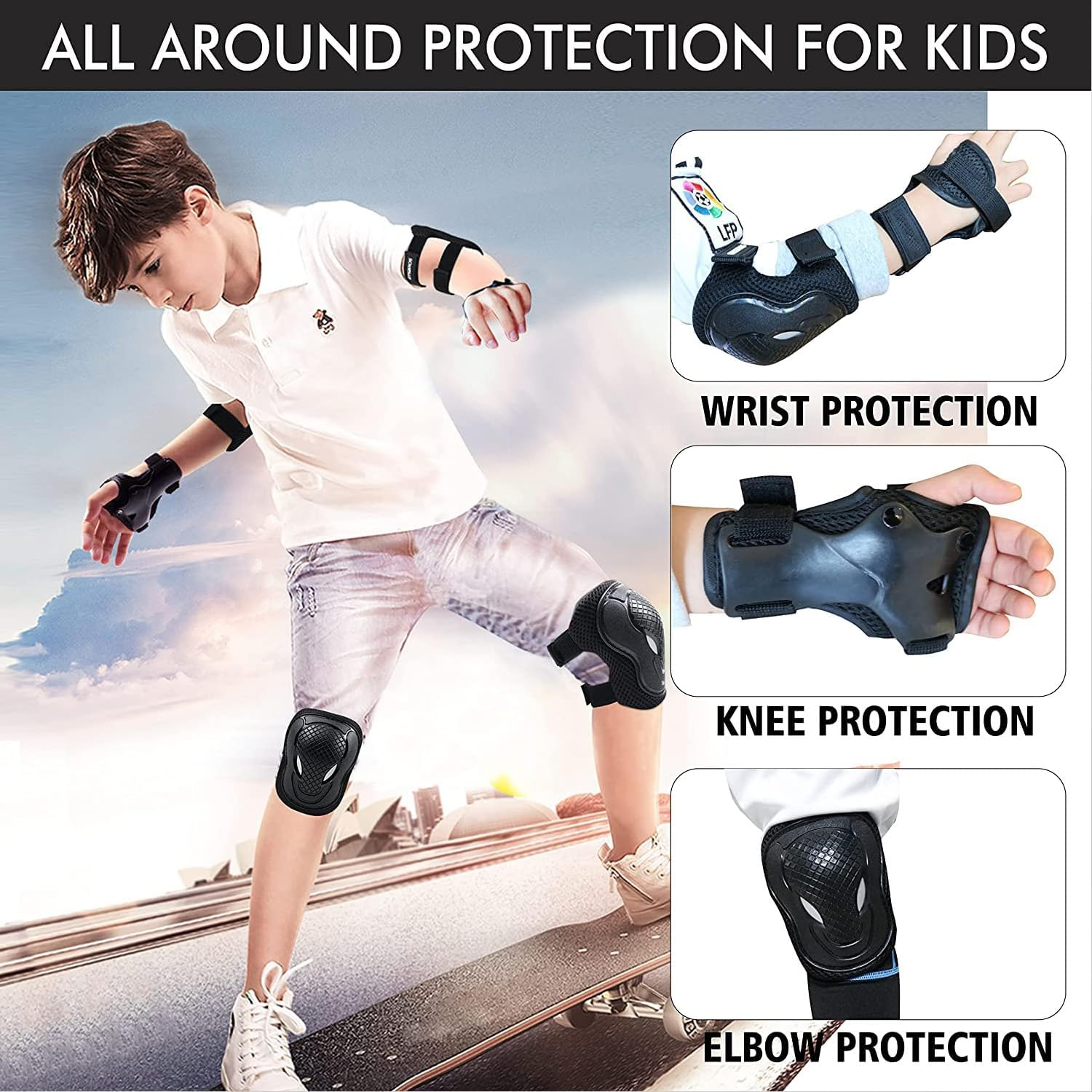 PHZ. Kids Knee Pads Elbow Pads Wrist Guards 6 in 1 Protective Gear Set for Inline Roller Skating Skateboarding Scooter BMX Etc.