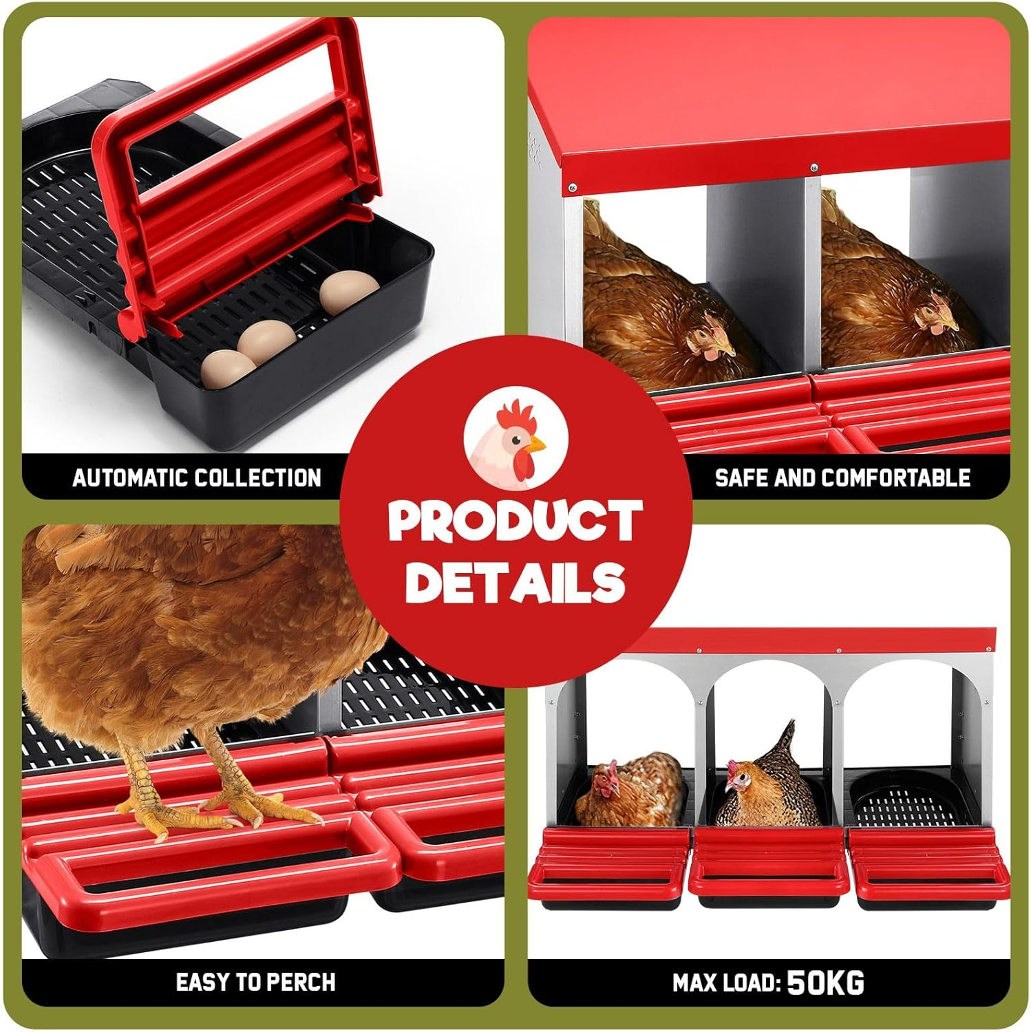 3 Compartment Nesting Box Chicken Hen Roll Away Laying Nest Boxes Chook Brooder Poultry Coop Roost Egg Perch Galvanised Steel Plastic with Lid Vents image number 4