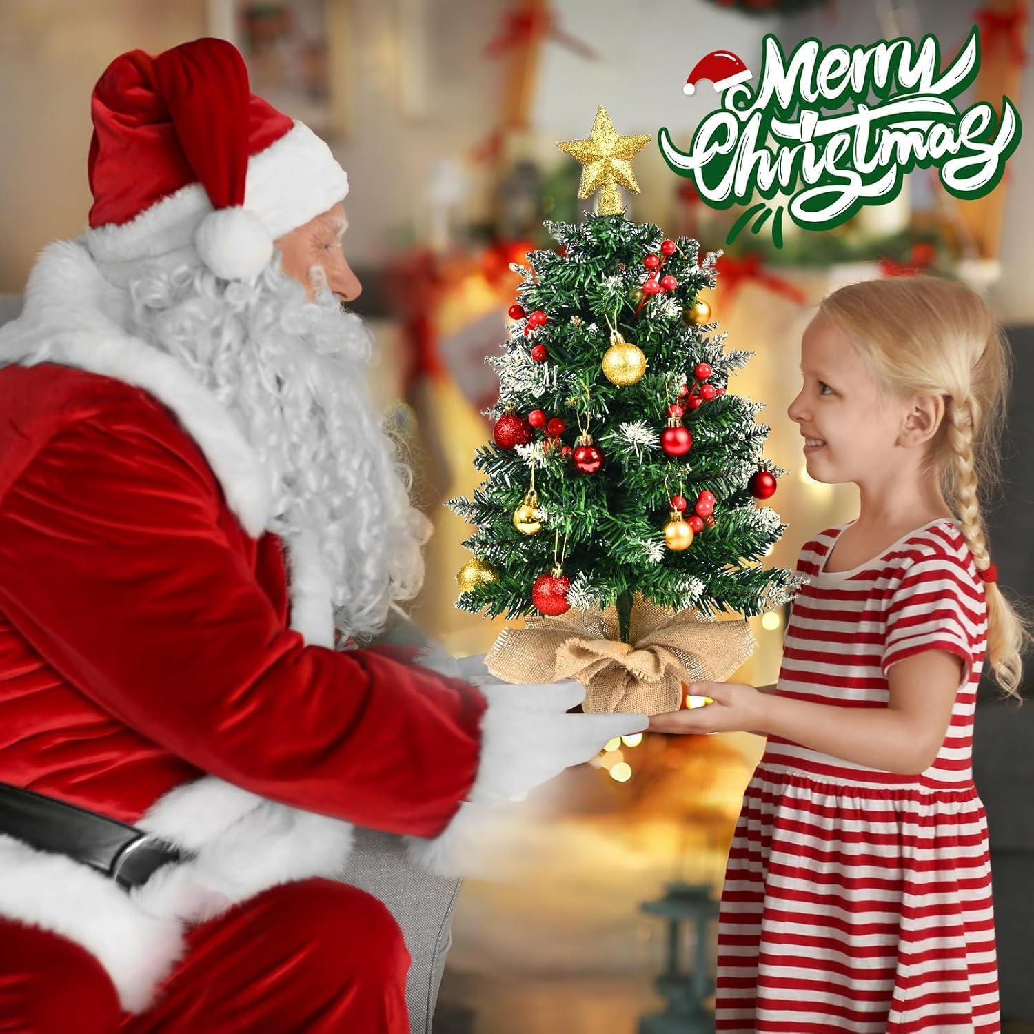 Small Christmas Tree with Lights and Ornaments, 60Cm Tabletop Mini Christmas Tree with Light, Star Topper, DIY Artificial Tabletop Xmas Tree for Office Home Indoor Decoration image number 1