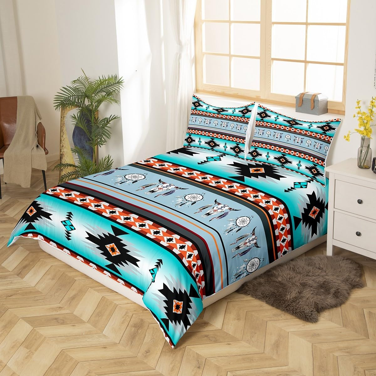 Erosebridal Western Boho Duvet Cover Full,Highland Cow Dream Catcher Comforter Cover Southwestern Bedding Set,Ethnic Tribal Arrow Aztec Bed Set Retro Vintage Exotic Bull Cattle Bohemian Decor image number 4