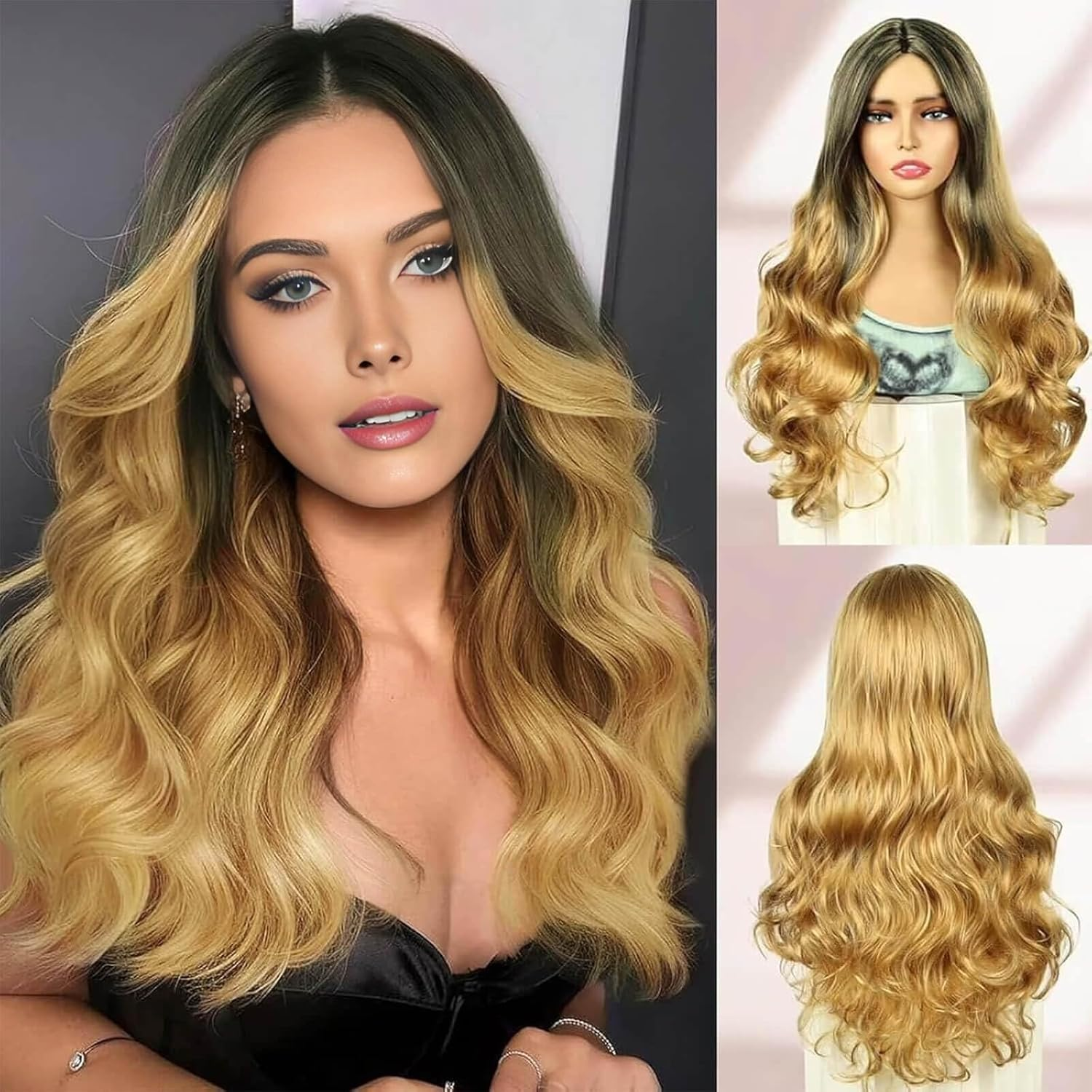 BECUS 24 Inch Long Brown Wigs for Women Middle Parted Wavy Natural Synthetic Curly Hair Wig