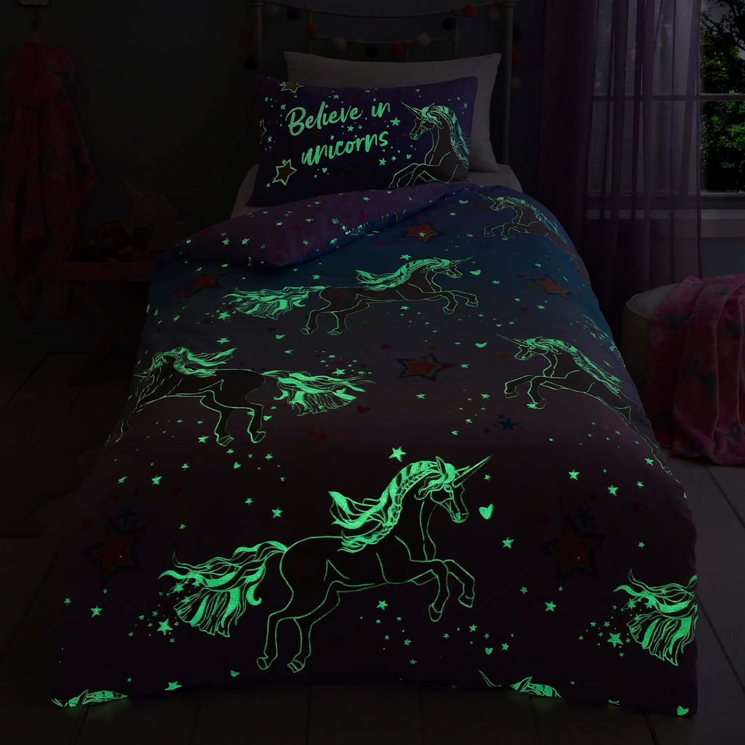 Bedlam Ombre Unicorn Glow in the Dark Duvet Cover Set Double Lilac image number 5