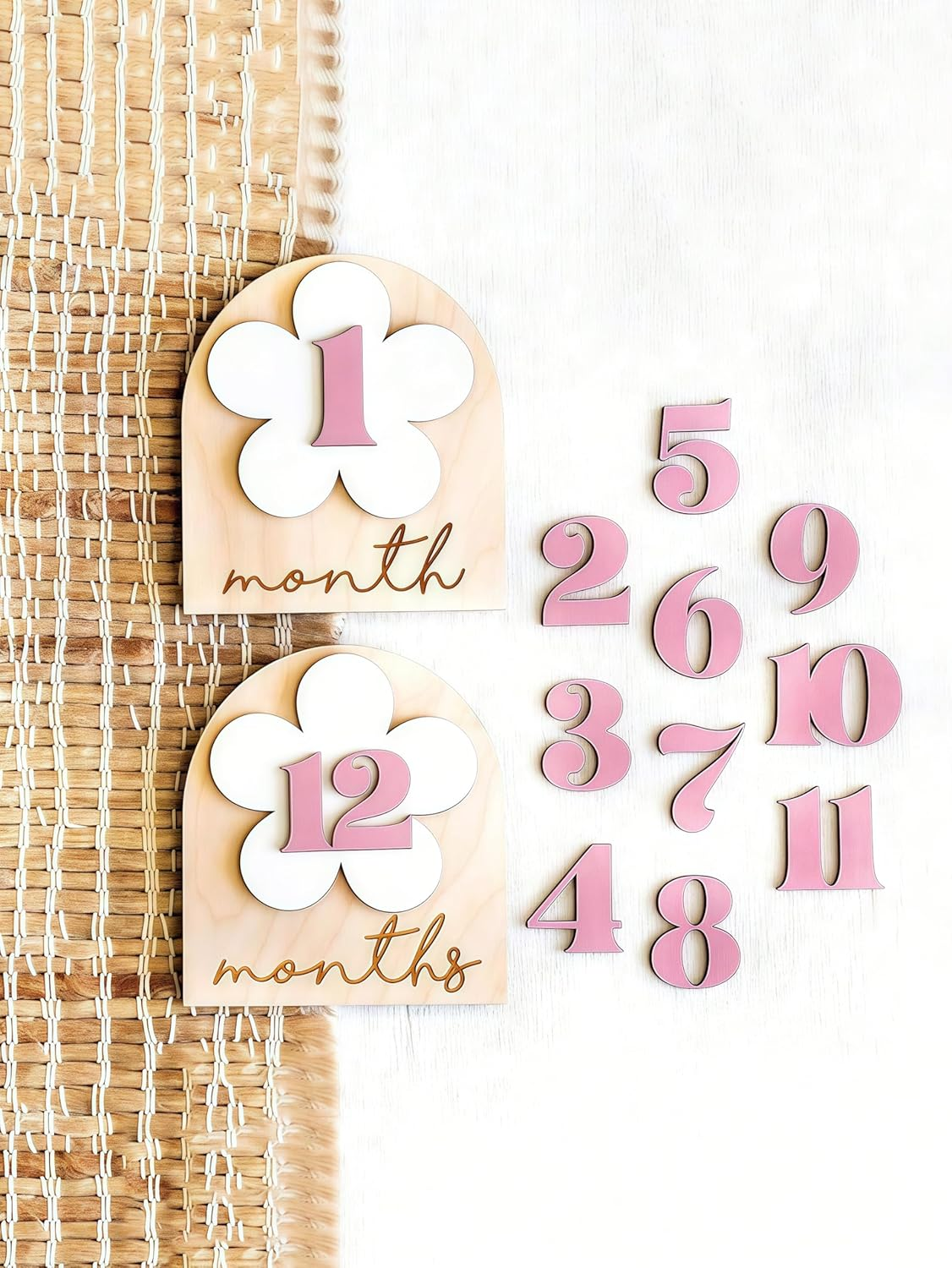 A Set of Baby 1-12 Months Wooden Milestone Baby Growth Record Photo Atmosphere Props,Memorial Photo Prop,Wooden Newborn Milestone Monthly Cards (A-White Number)