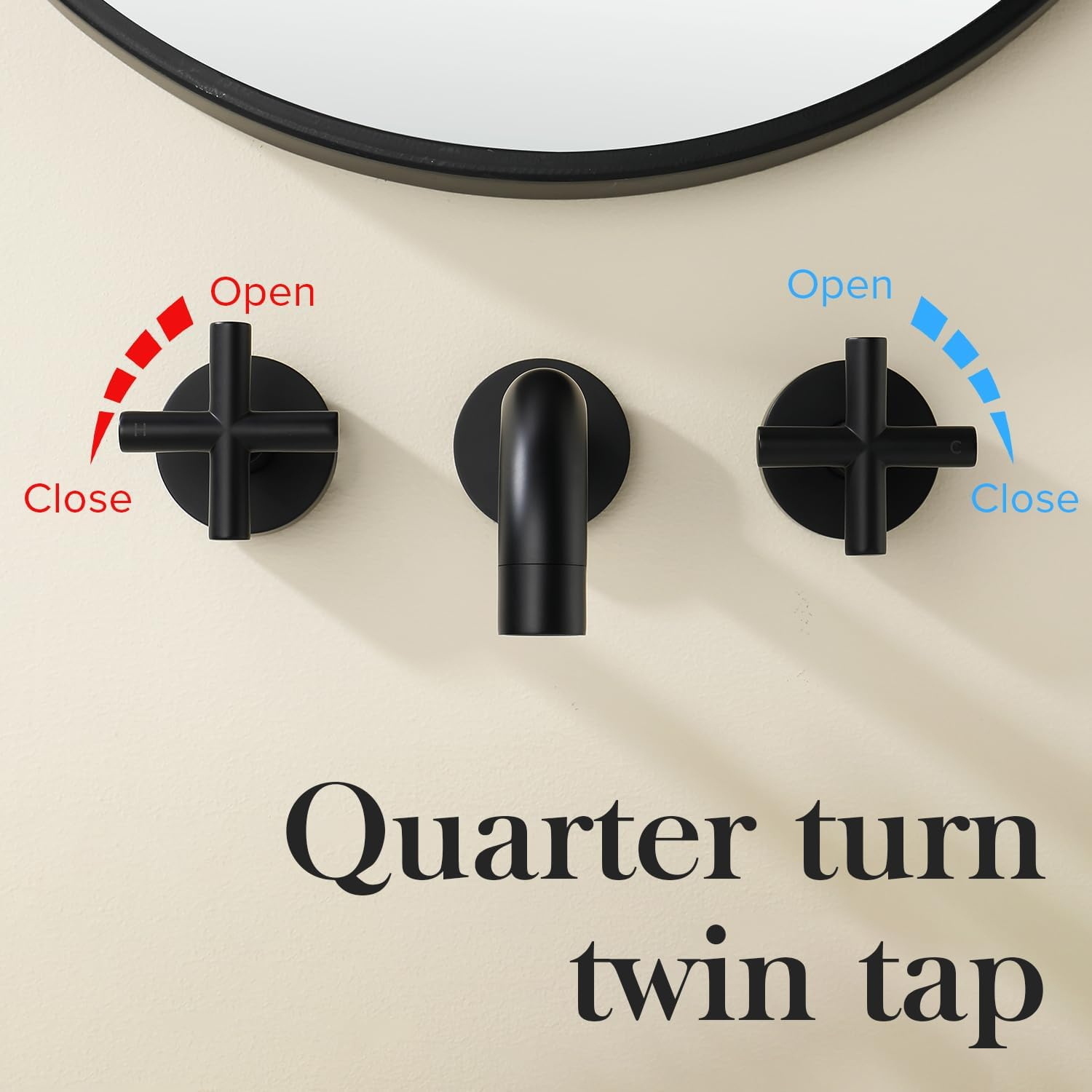 Decaura Bathroom Wall Sink Tap Set Cross Handles Basin Bath Spout Vanity Spa Bathtub Water Outlet with 1/4 Turn Twin Tap Set Brass (Matt Black) - Matt Black image number 6