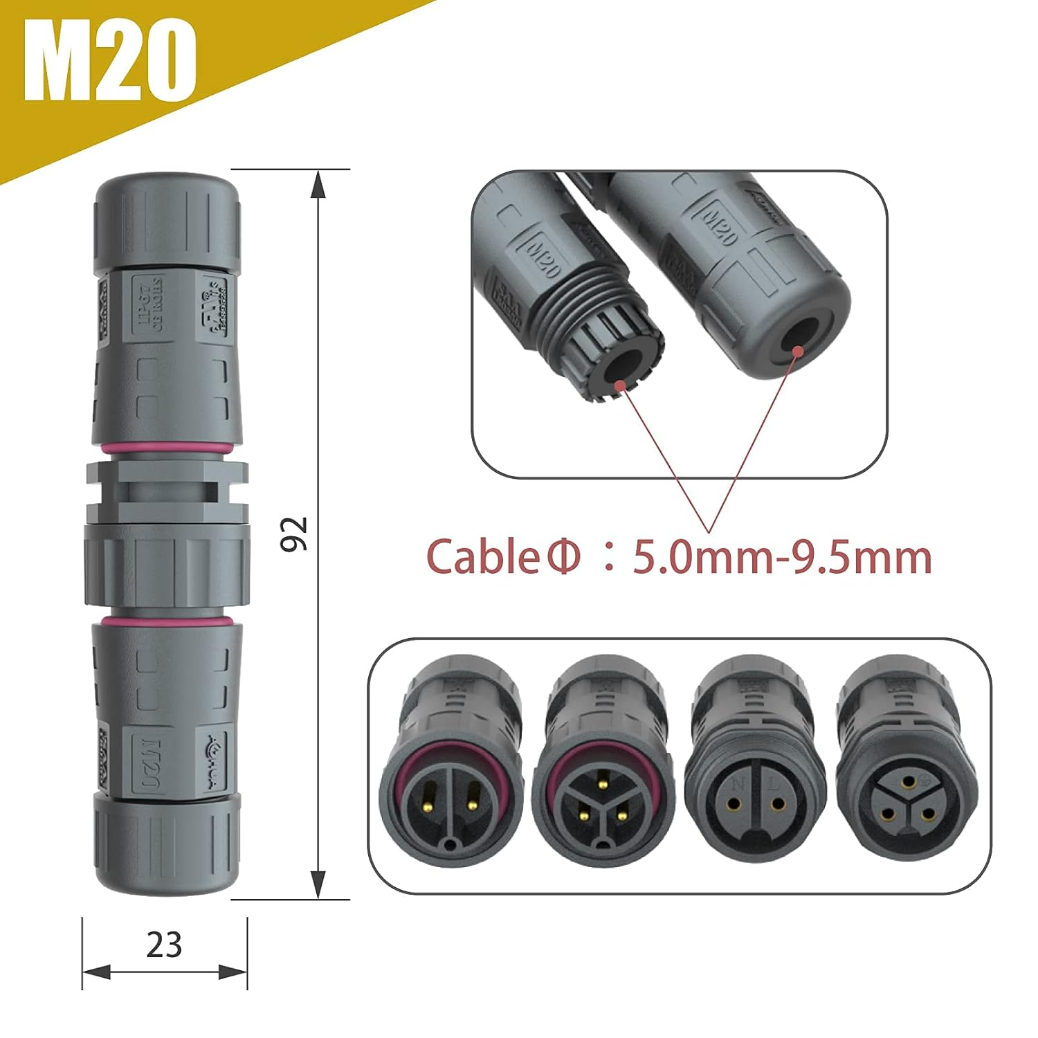 AOHUA M20 Waterproof Connector (4-Pack) - IP68 Junction Box, 2-Pin Male/Female Plug for &Oslash;5.5-10Mm Wires, 300V/15A Outdoor Electrical Use, UL TUV CE ROHS Certified (AH-M20-1502MMZ/FFZ01112) image number 1