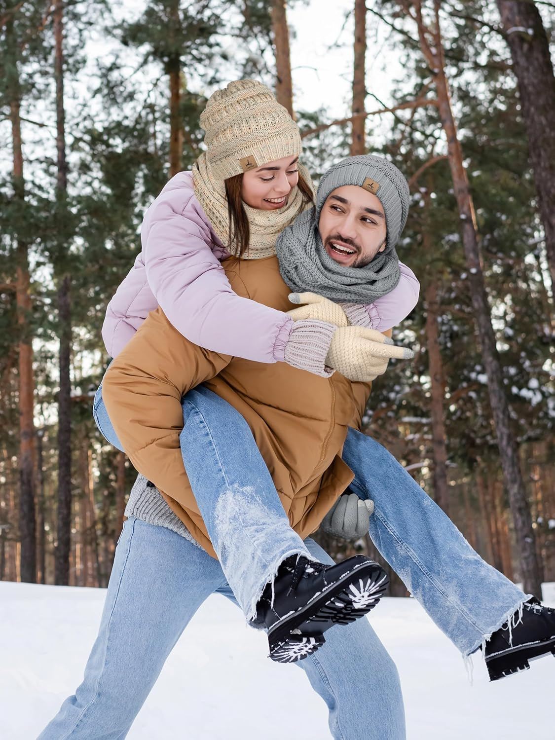 Winter Beanie Hat Scarf Gloves, Warm Fleece Knit Winter Hats Touch Screen Gloves Neck Scarf Set Winter Gifts for Unisex Adult