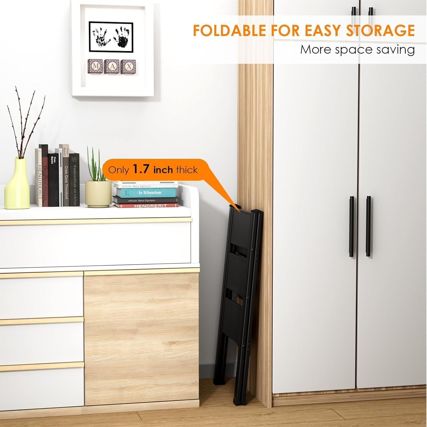 HOMIEST 3 Step Ladder, Folding Step Stool with Wide Anti-Slip Pedals, Aluminum Portable Lightweight Ladder for Home, Kitchen, Office, Sturdy Temporary Storage Shelf Rack, Max Capacity 330Lbs, Black