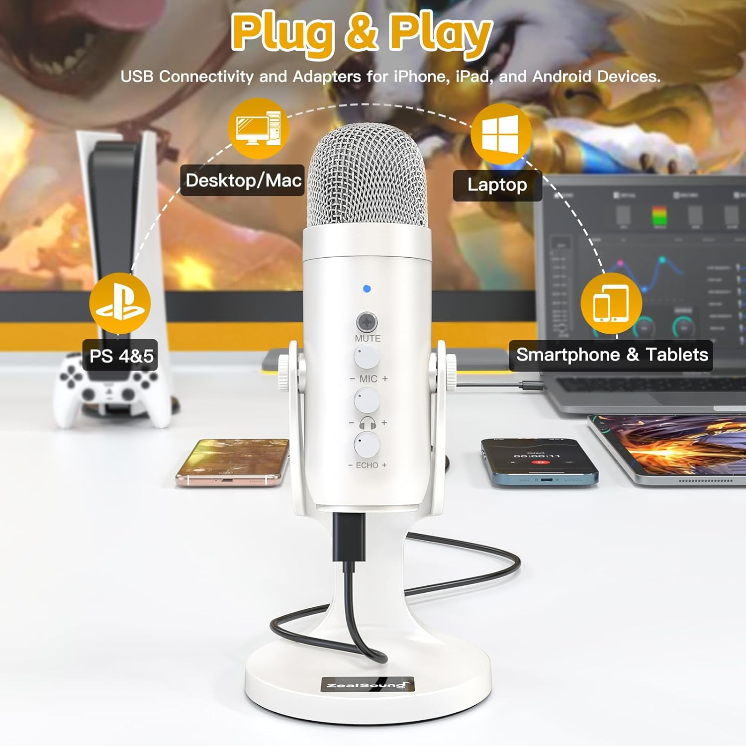 Zealsound USB Microphone,Quick Mute Noise Cancel for Phone Computer PC Ps5,Gaming Microphone with Gain Control,Echo Monitor Volume Adjust for Streaming Vocal Recording ASMR Podcast Video K66 White image number 4