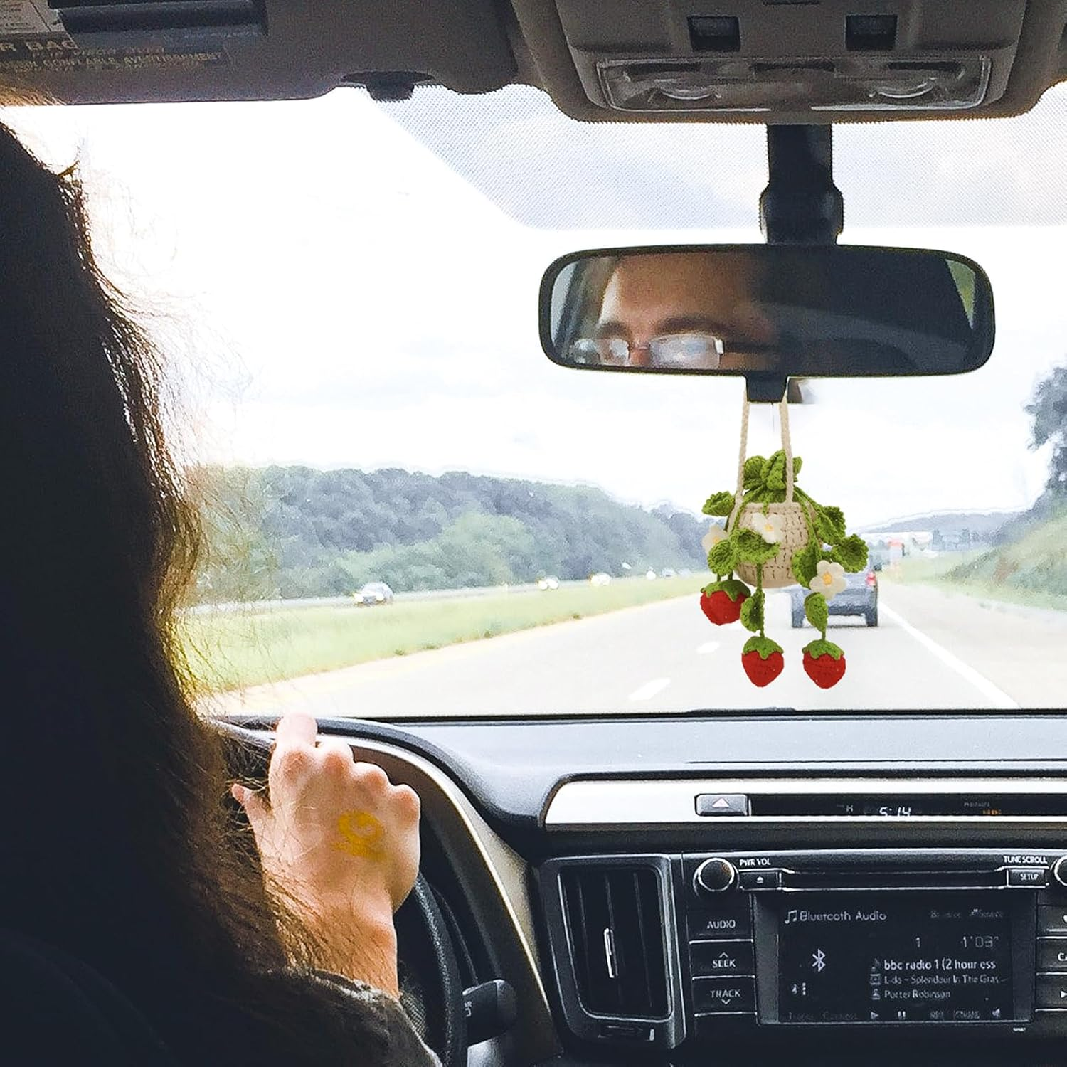 Crochet Hanging Plant for Car Decorations Interior,Cute Plant Strawberry Aesthetic Car Ornaments Charms Accessories for Rear View Mirror - Cutout Leaves image number 6