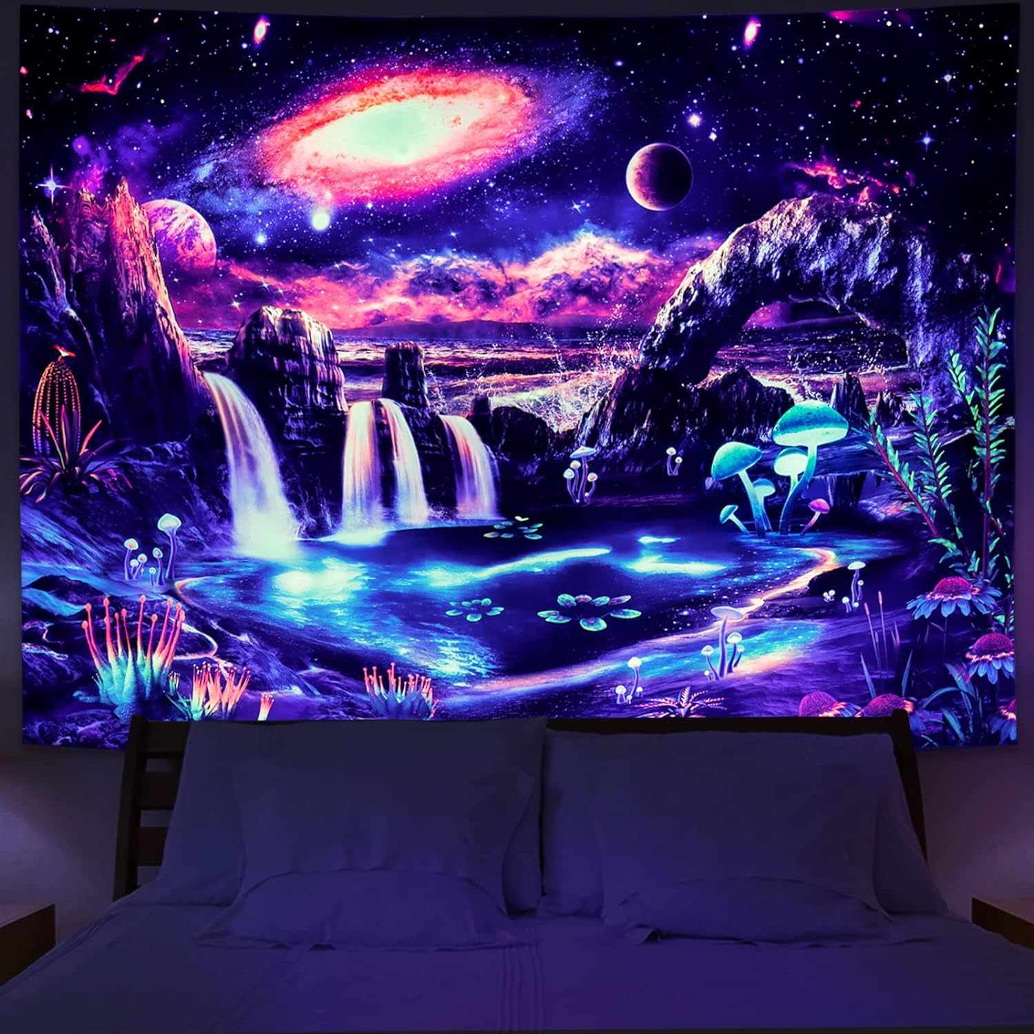 Blacklight Galaxy Tapestry Trippy Planet UV Reactive Waterfall Landscape Fantasy Mountain Wave Wall Mysterious Neon Mushroom Plants Hanging for Room, M/51.2'' &times; 59.1'' image number 3