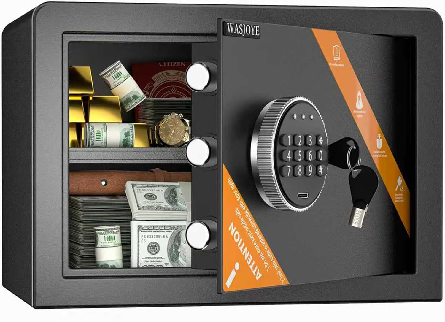 WASJOYE Cabinet Security Safe Box, Fireproof Digital Safe with Electronic Keypad & Emergency Key, Home & Office Lock Safe for Cash, Documents, Jewellery & Passport Storage, 13.78 &times; 9.84 &times; 9.84 In image number 6