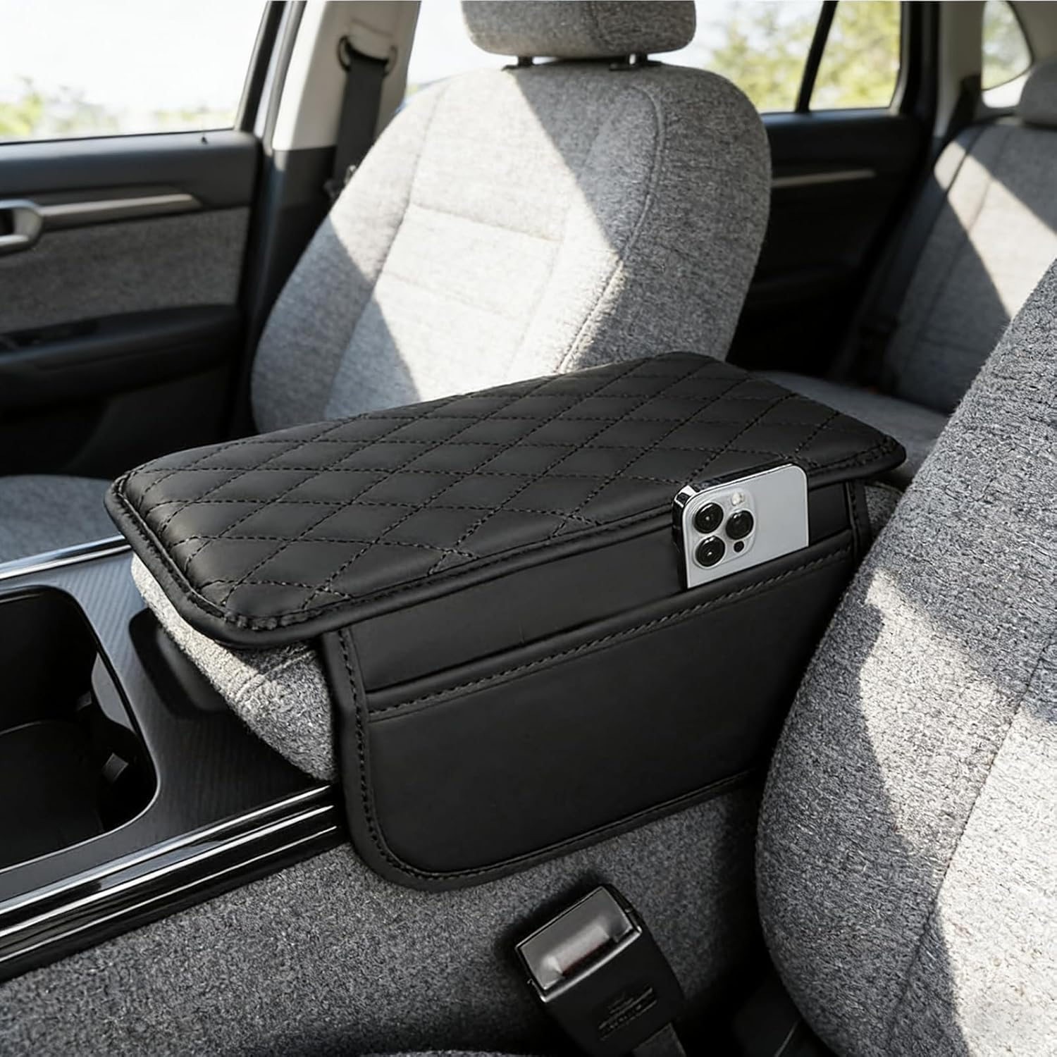 Upgraded Car Center Console Cover Microfiber Leather Armrest Cover Cushion with 2 Storage Bags Car Armrest Storage Box Car Interior Accessories for Most Vehicles Black Padded Armrest Protector image number 4