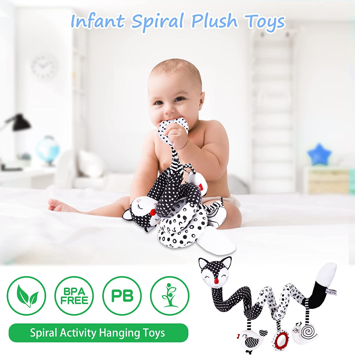 Spiral Hanging Stroller Baby Toys : Newborn Hanging Spiral Activity Black and White Dangling High Contrast Toy Musical Wrap Sensory Babies Infant Toys for Car Seat Stroller Mobile Bassinet Pram