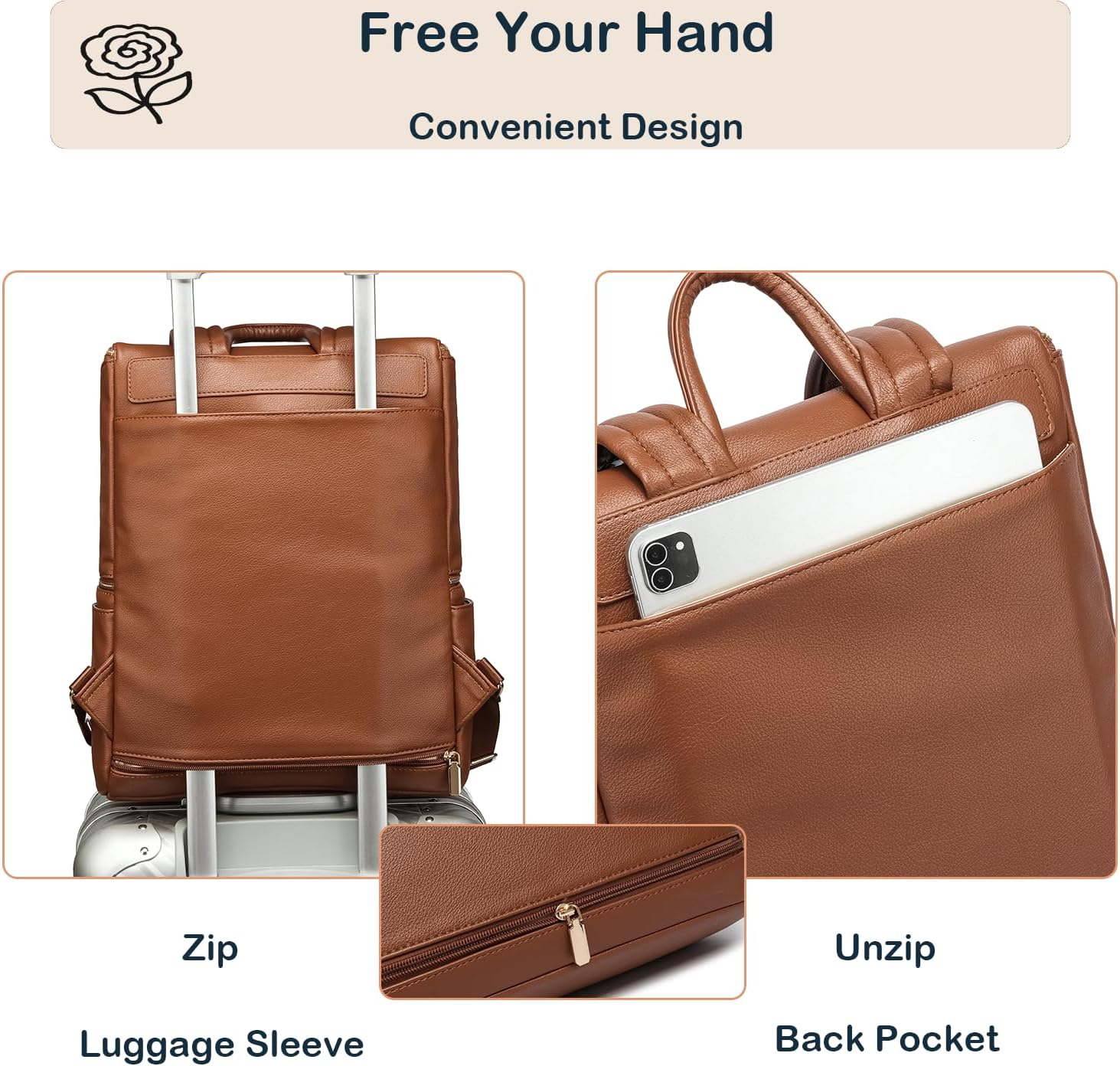 Leather Diaper Bag Backpack for Women with Multiple Pockets,Laptop Compartment and Changing Pad. - Grey image number 5