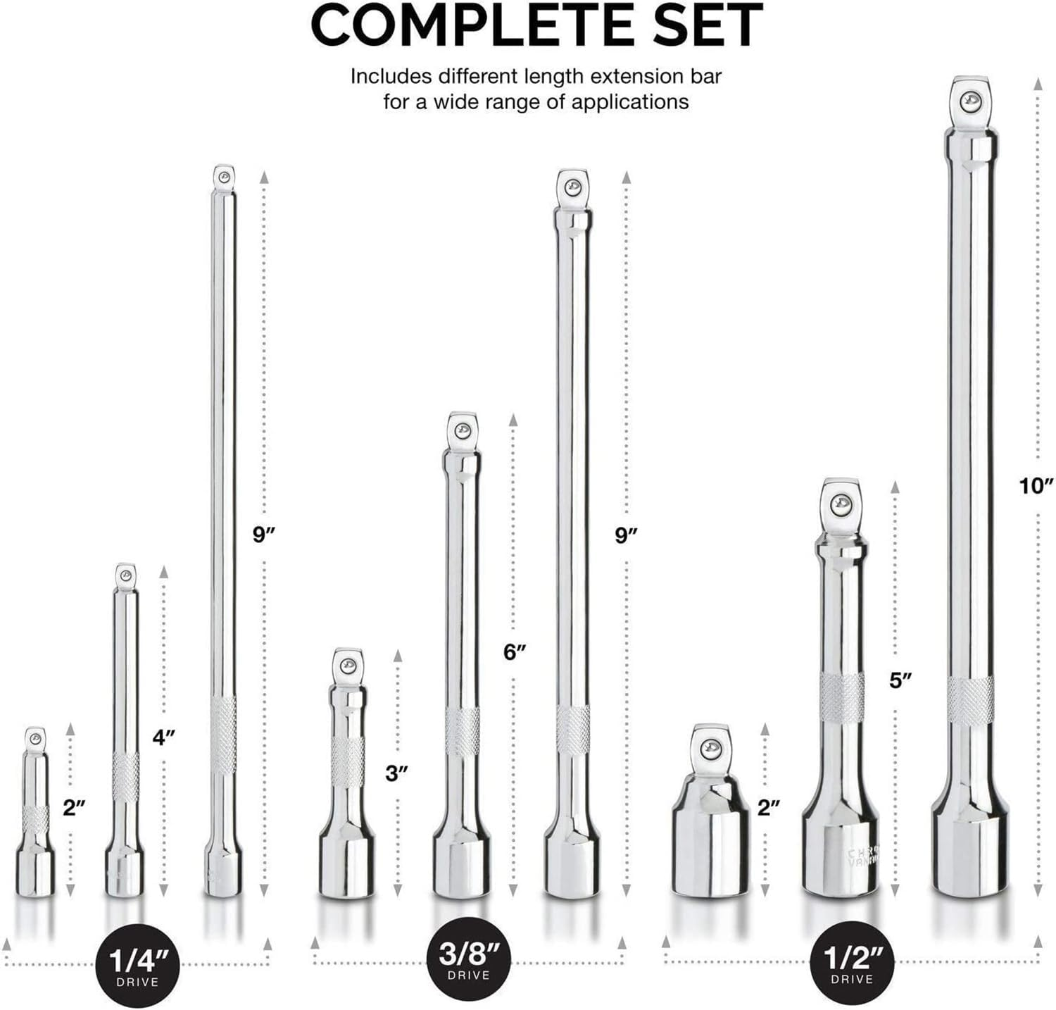 Neiko 00249A CR-V Wobble Angle Extension Bar Set, 9 Piece, 1/4"/3/8"/1/2"