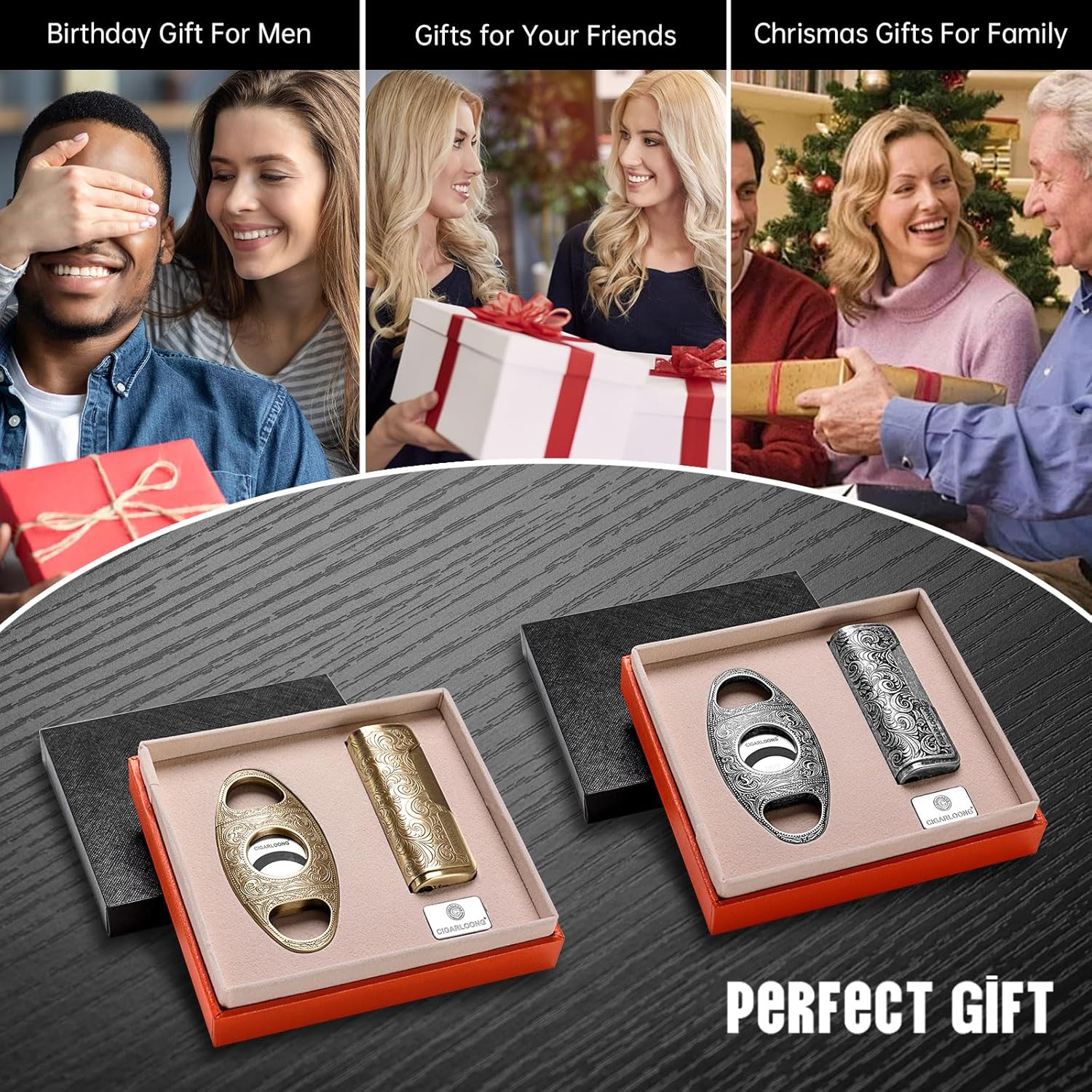 CIGARLOONG Cigar Cutter and Lighter Set Sharpening Blade Engraved Cigar Guillotine and Retro Carved Lighter(Color:Gold) image number 5