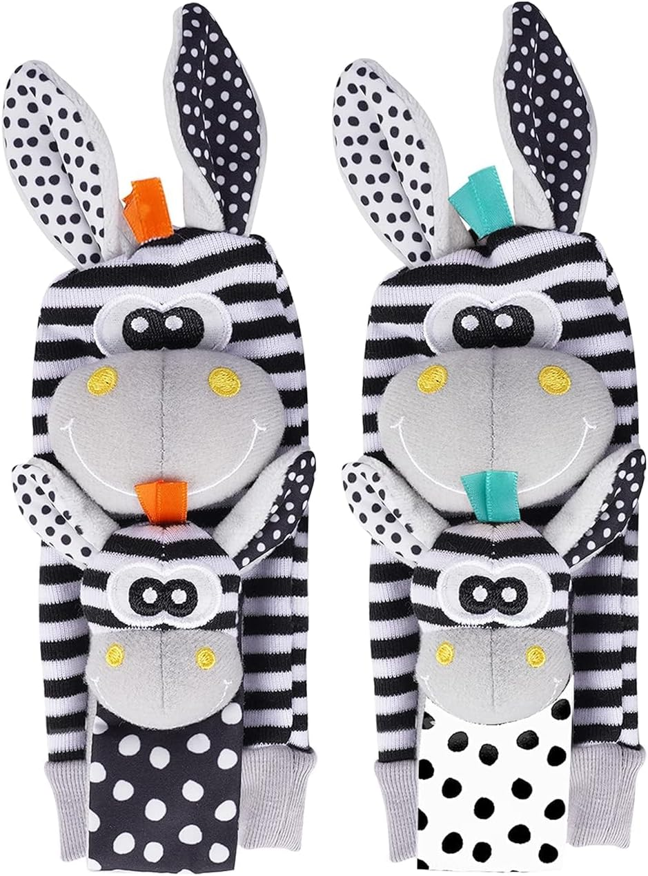 Baby Rattle Socks Wrist Strap Rattles Set, Cute Baby Animal Development Toy Gift for Newborn Babies, Black and White Foot Finder Sensory Set image number 4