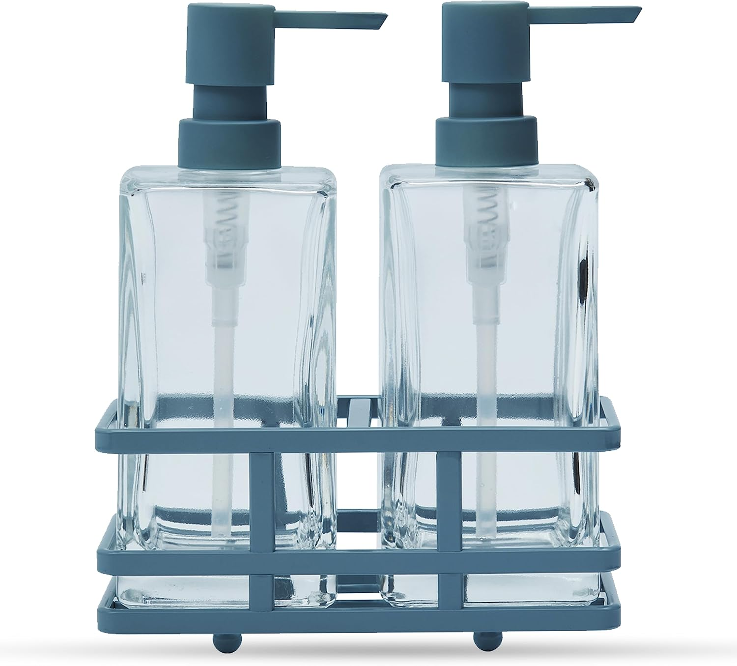 Square Glass Clear Lotion and Soap Pump Dispenser Set with Metal Stand Caddy for Bathroom Bath Kitchen Home Office Travel Hotel Hand Crafted Heavy Weight (Oil Rubbed Bronze)