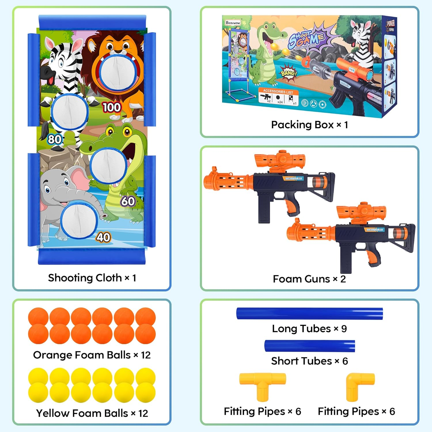 Shooting Game Toy for 5 6 7 8 9 10+ Years Old Boys Girls, 2Pk Foam Popper Air Guns with Animal Shooting Target and 24 Foam Balls Bullet,Indoor Outdoor Activity Games, Birthday Gifts for Kids,Teens image number 2