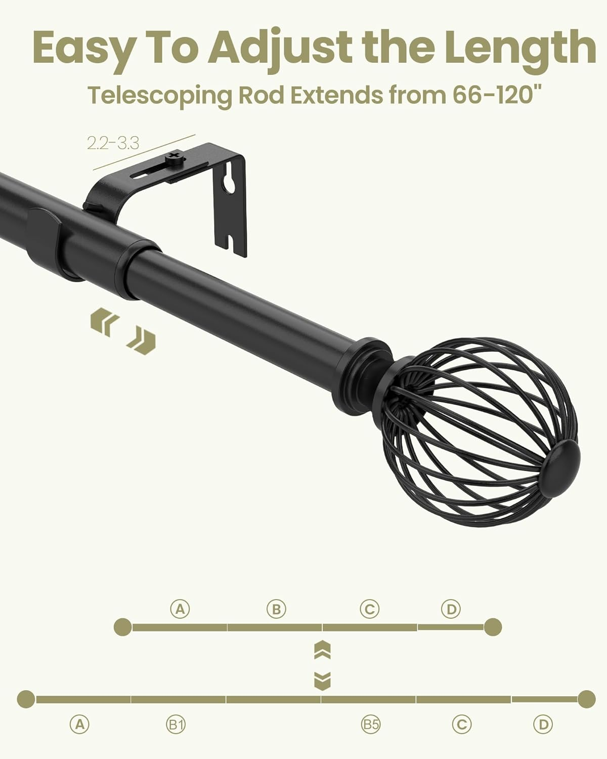 Adjustable Telescopic Window Curtain Rod, 2 Sizes, 2.5 Cm Diameter, Black with Metal Brackets (66"-120") image number 2