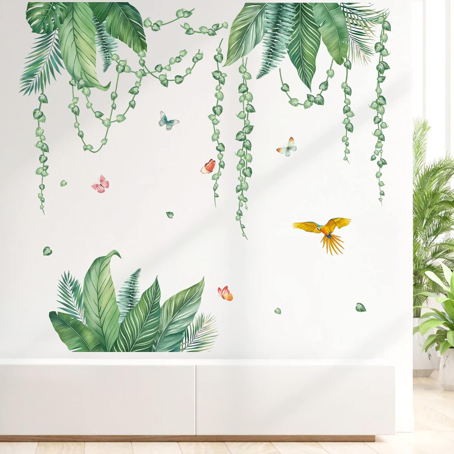 Decalmile Tropical Leaves Wall Decals Hanging Vines Green Plants Wall Stickers Living Room Bedroom Office Wall Decor image number 2
