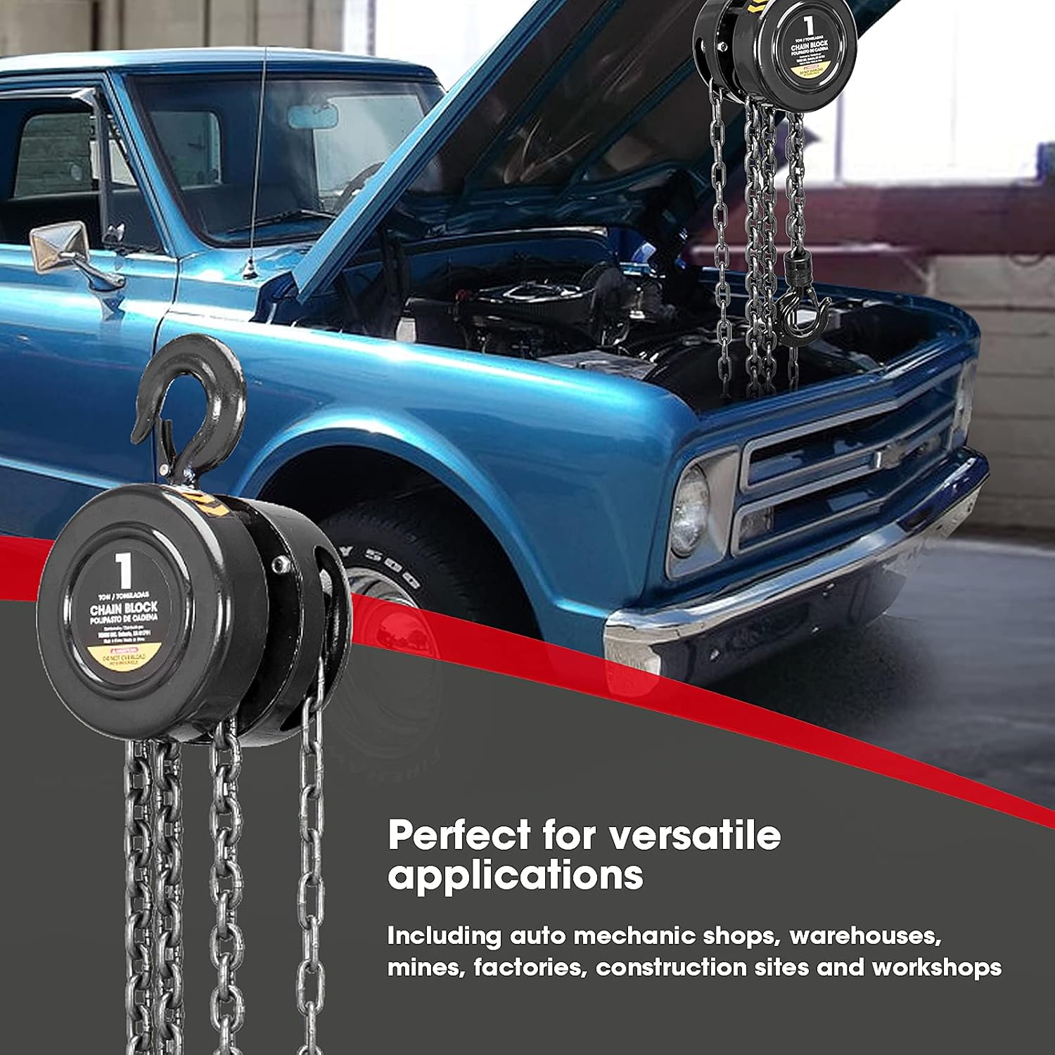 Torin ATR9010B Manual Hand Lift Steel Chain Block Hoist with 2 Hooks, 1 Ton (2,000 Lb) Capacity, Black image number 6