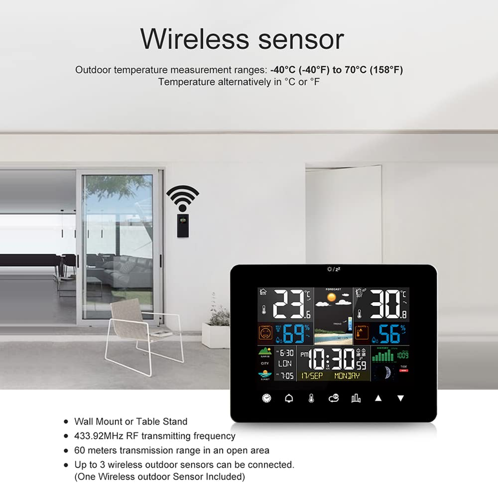 Weather Station, Sunrise and Sunset Weather Station Multi-Function Alarm Clock Thermometer Hygrometer Touch Screen Operation with Wireless Outdoor Sensor